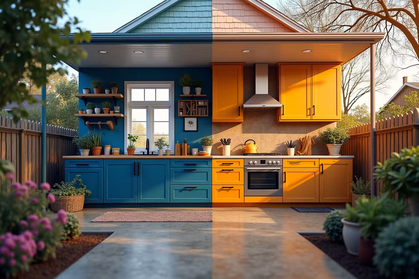 A vibrant, split-screen image portraying the contrast of a dull, outdated home on one side and a lively, renovated one on the other. The left side presents a drab, monochrome kitchen with worn-out cabinets, old-fashioned fixtures, and a bare, uninviting backyard. The right side showcases the same rooms, now bursting with life and color after budget-friendly renovations. The kitchen gleams with freshly painted cabinets in a vibrant hue, modern, energy-efficient fixtures, and a sleek, cost-effective laminate floor. The backyard transformation is remarkable with a cozy, DIY fire pit, a thriving vegetable garden, and mood-enhancing outdoor lighting. This remarkable contrast elegantly captures the theme of 'Top 10 Budget-Friendly Home Renovation Ideas in Toronto', enticing the viewer to explore the transformative power of affordable home makeovers