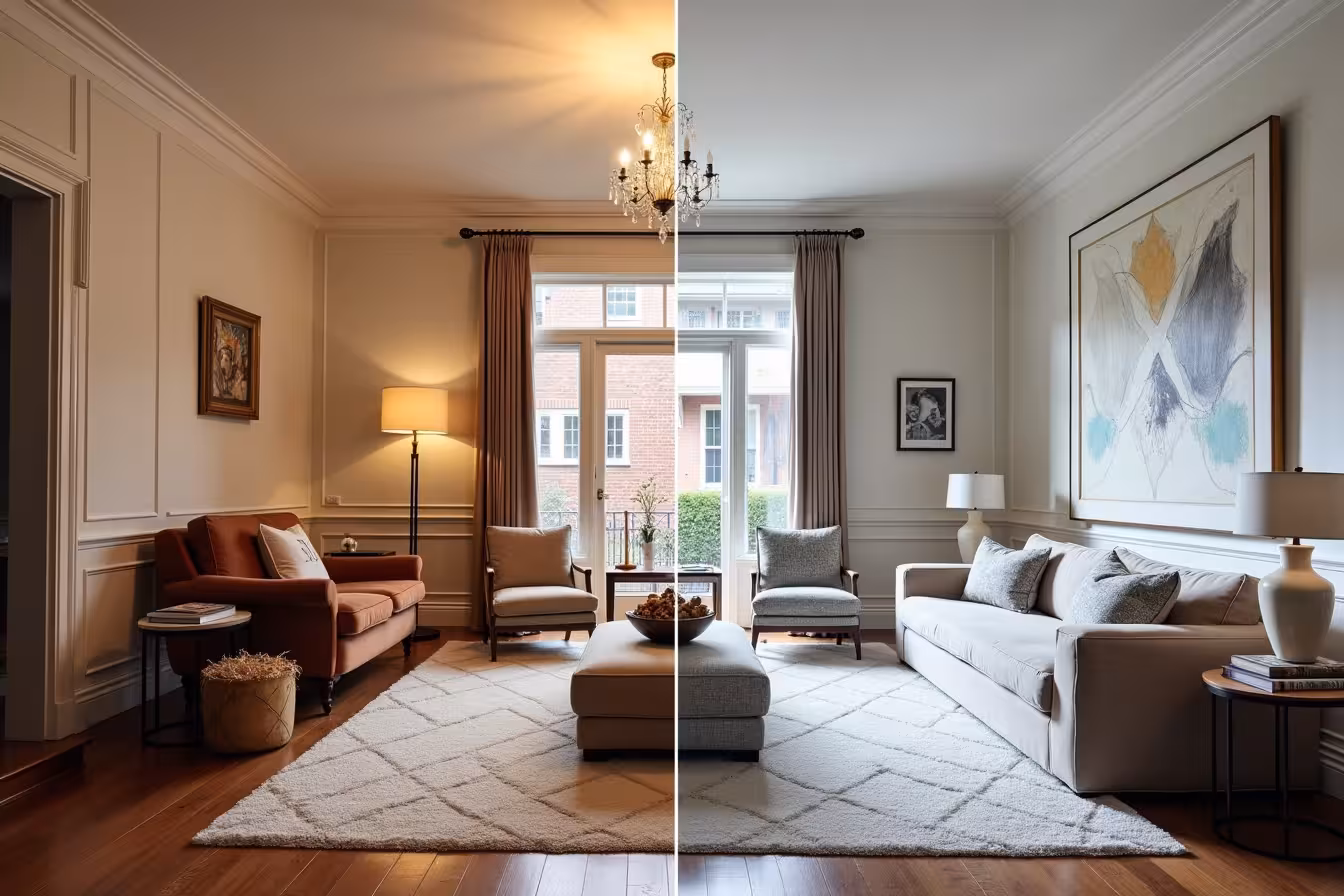 A juxtaposed scene, presenting a half view of two different styles of rooms in a single frame. On the left, A traditional Toronto-based living room, with elements like hardwood floors, regal wainscoting, and a vintage chandelier illuminating the space. The furniture should be classic and elegant, with heavy wooden elements and richly upholstered seating. The color scheme is neutral, with shades of beige and brown, creating a warm and inviting atmosphere. In contrast, on the right side of the image, depict a modern living room. This side should feature sleek furniture with clean lines, a minimalist geometric light fixture, and a large abstract art piece on the wall. The color palette should be cool and neutral, with whites and grays, punctuated by a few bright, bold accents. In between these living rooms, A thin, vertical strip that merges the two styles. In this thin strip, show a blend of both styles, indicating a transition with elements such as a modern chair made of traditional material, a traditional lamp with a modern twist, and a wall featuring both an antique piece and an abstract art piece. The exterior of the house, visible through a large window, should feature a combination of traditional and modern architectural styles, such as a brick facade with large, sleek windows and minimalist landscaping. This image should evoke a sense of curiosity and invite viewers to explore how modern and traditional styles can coexist harmoniously in a home renovation
