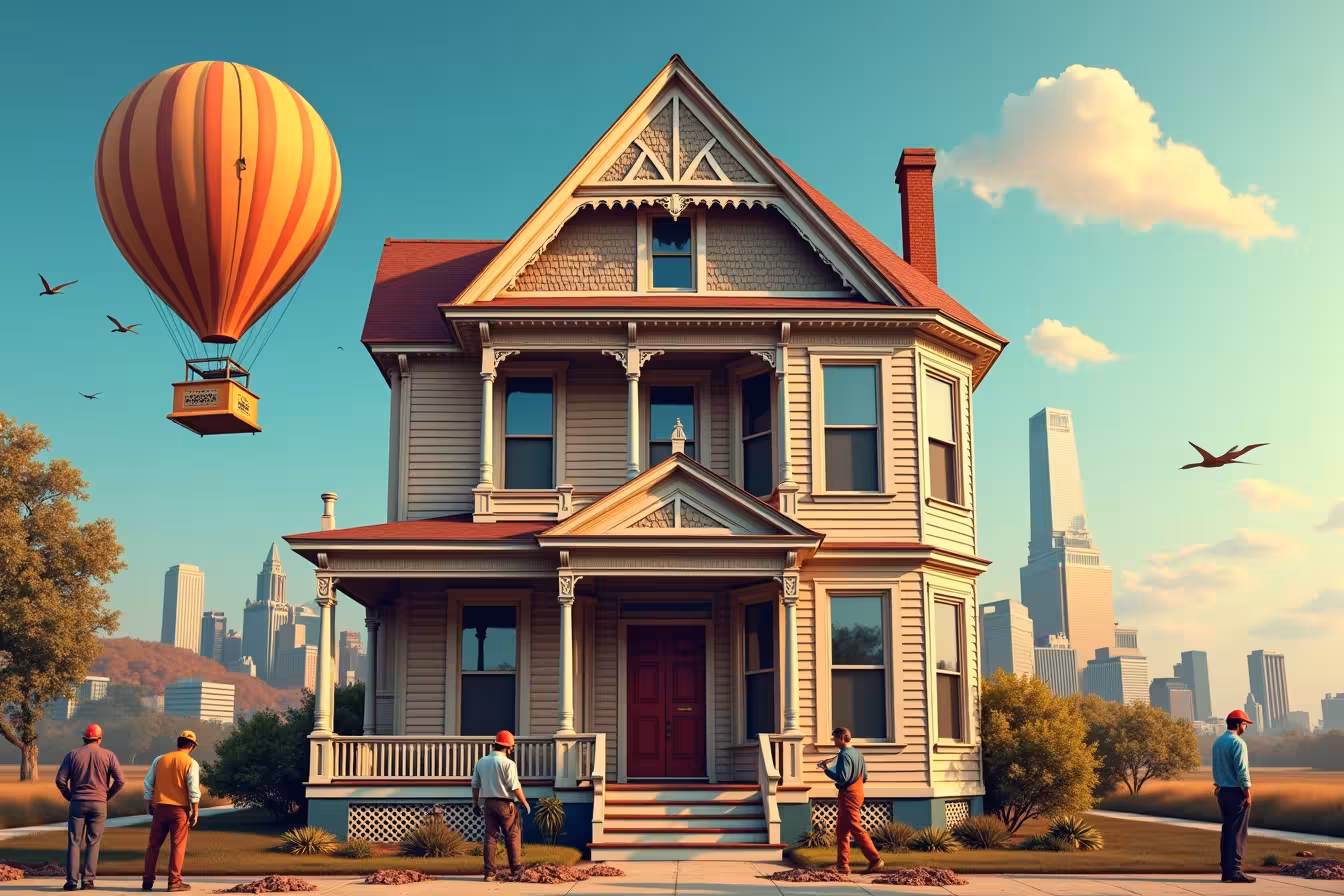 A dynamic and visually intriguing image that captures the essence of historical home restoration. In the foreground, depict a classic Victorian-era house with intricate woodwork and a vintage facade, half restored and half in its original, weathered state. The restored side should be vibrant with fresh paint, gleaming wood, and refurbished architectural details, while the weathered side should show signs of age and historical charm. The house should be surrounded by a lively work scene with craftsmen and experts diligently working on the restoration. They should be seen using traditional tools, and one of them should hold an architectural blueprint that matches the style of the house. In the background, subtly integrate modern elements like a contemporary cityscape or advanced construction equipment, representing the blend of old and new in the restoration process. To break the pattern, introduce an unexpected element, such as a vintage hot air balloon in the sky, that carries a banner reading The Ultimate Guide to Historical Home Restoration, which serves as an exciting and unusual call to action, enticing viewers to engage with the blog post. Use a warm and inviting color palette to evoke a sense of nostalgia and the beauty of preserving history. The image should be an enticing blend of past and present, perfectly encapsulating the process and charm of historical home restoration