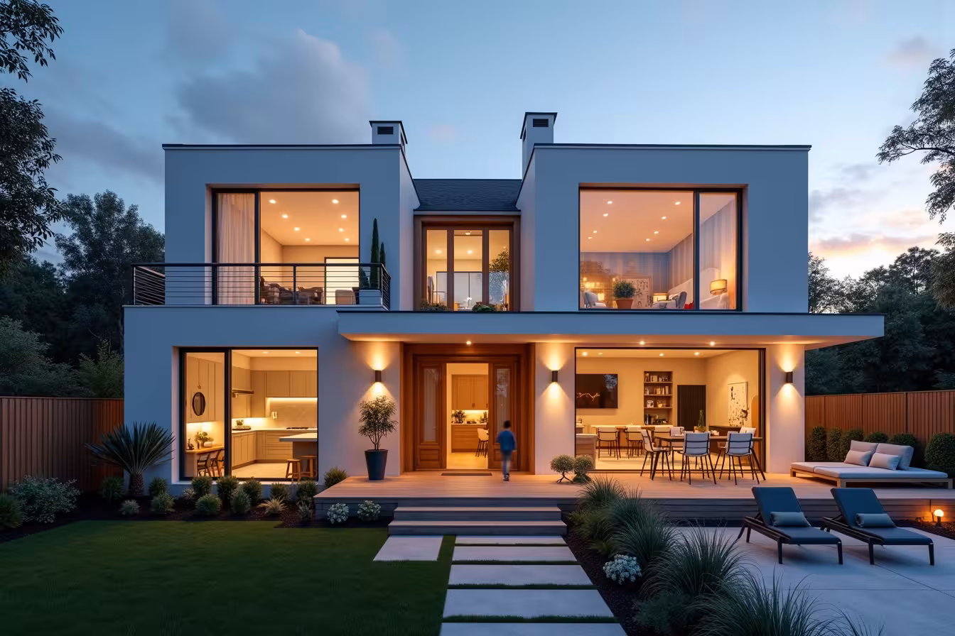 A vibrant, modern home exterior in a suburban setting. The house is a two-story structure with clean architectural lines, large energy-efficient windows, and high-quality hardwood flooring visible through the open front door. The house is painted in a soft, neutral color palette that blends with the eco-friendly landscaping around it, featuring native plants and a well-manicured lawn with a clear pathway leading to the house. To the right, the house extends into an attractive outdoor living space with a deck, patio, and an outdoor kitchen. The deck is furnished with comfortable seating and a dining set, suggesting a place for relaxation and social gatherings. On the left side of the house, there's a separate entrance that leads to a well-lit room visible through a large window - this is the home office, a modern, quiet space with a sleek desk, ergonomic chair, and bookshelves. In the center of the house, large glass doors open to reveal a glimpse of the interior. The kitchen can be seen, boasting energy-efficient appliances, modern cabinetry with high-quality finishes, and smart lighting systems, creating a warm and inviting ambiance. Above the house, the attic window gives a sneak peek into a beautifully converted room. A smart home security system, including cameras and sensors, are subtly integrated into the house's design. The entire scene is set under a serene evening sky, with the house's smart lighting casting a soft, inviting glow. It's an image of a perfect blend of comfort, functionality, and technology-driven convenience, encapsulating the essence of a modern home in 2025