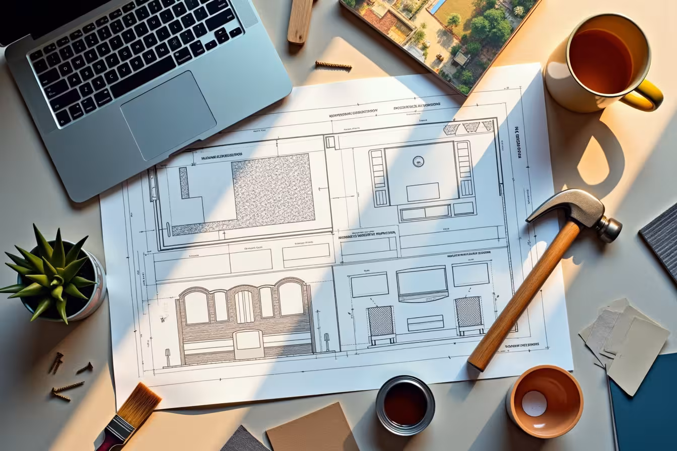 An overhead shot of a blueprint for a home renovation, with specific areas highlighted and labeled as 'splurge' or 'save'. The blueprint is surrounded by a variety of renovation materials and tools, such as a hammer, nails, paint brushes, tiles, and fabric swatches, some of which are luxurious (like a piece of granite countertop and high-end furniture catalogues) and others more budget-friendly (like laminate samples and a brochure for energy-efficient appliances). Also in the scene, there's a laptop open on a page showing the hiring of professionals, a recycled antique piece of furniture and a smart thermostat. The image has a contrasting lighting effect, with one side bright and the other dim, to signify the important role of strategic lighting in renovation. The background subtly transitions from the interior to the exterior of the house, representing the importance of exterior renovations, with elements like a landscaped garden sketch, a paint bucket and brush for a fresh coat of paint, and an outdoor lighting fixture