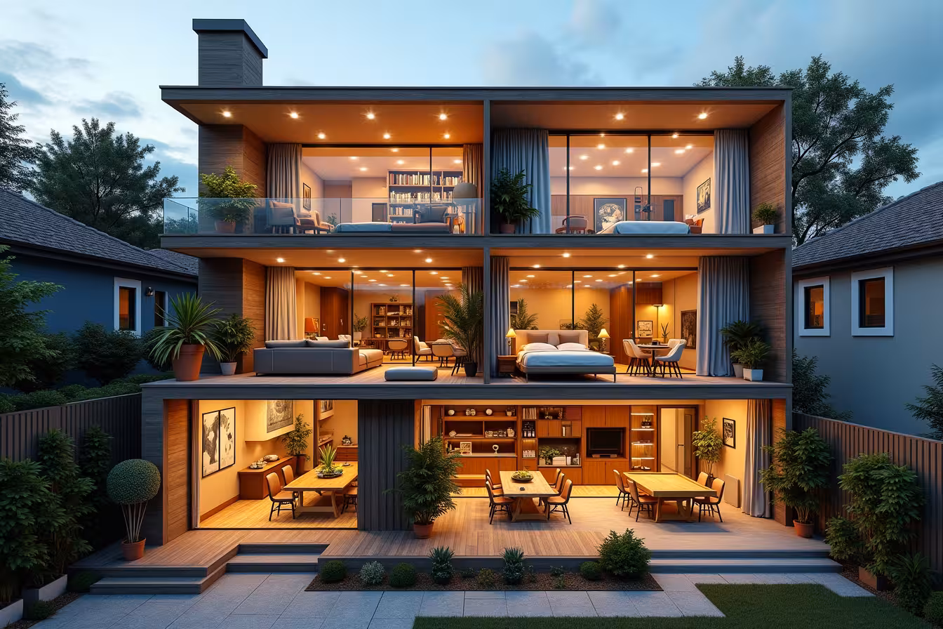 A three-dimensional cutaway view of an eclectic and stylishly designed multi-story home. The house is brimming with innovative ideas for multi-functional spaces. On the ground floor, a spacious living room is divided into several zones: a cozy reading nook with a comfy chair and a bookshelf, a TV viewing area with a modern, sleek couch, and a workspace with a desk and chair, separated by stylish room dividers. An oversized mirror is placed strategically, reflecting the room and making it appear larger. A coffee table in the center of the room has hidden compartments, indicating clever storage solutions. Just beside the living area, a dining room showcases a dining table that transforms into a pool table. The room is illuminated with dimmable lights creating a warm and inviting atmosphere. The next floor reveals a bedroom with a loft bed and wall-mounted shelves, maximizing the vertical space. A wall bed folds into a desk, adding a surprising element to the room. The top floor shows a modular home office with movable walls and smart home technology, like voice-activated lights and appliances. On the outside, a patio is doubling as an outdoor dining area, and an outdoor shed is transformed into a compact home office. The house is full of potted plants, adding a touch of nature and freshness to the overall design. The entire scene is illuminated in a soft, welcoming glow, highlighting the different zones and their multi-functionality