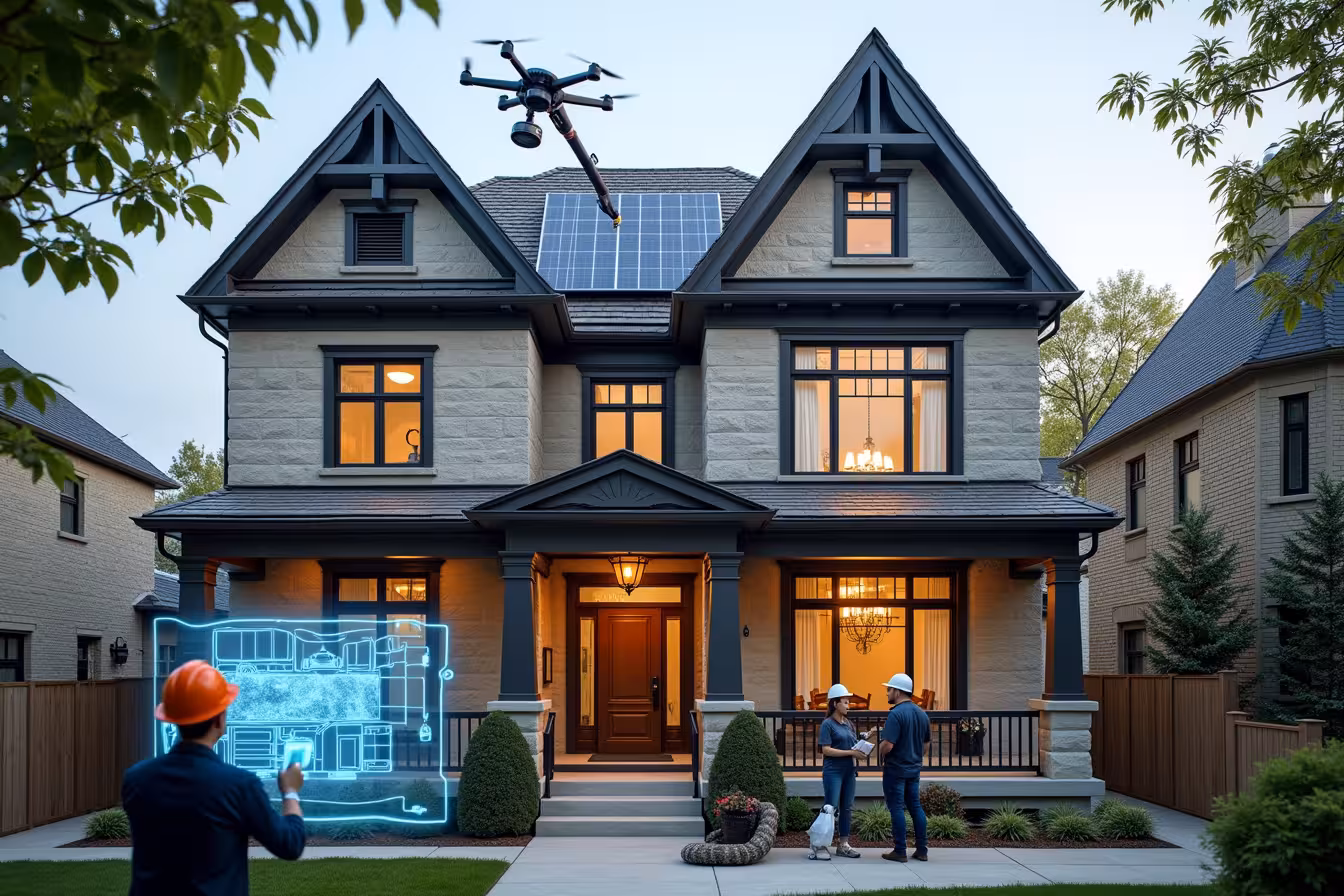 An image of a traditional Toronto home from the outside, with its Victorian architecture in full display. The home is in the process of renovation, with scaffolding and construction materials visible. However, this is no ordinary renovation scene. The image is filled with unusual and exciting elements highlighting the integration of technology. A giant robotic arm is seen installing a sleek, futuristic solar panel onto the roof. A drone hovers above, carrying a smart home security camera for installation. Through the open front door, one can see an interior wall being fitted with a touch screen control panel, while a hologram of a smart thermostat floats in the air. A large Amazon Alexa device and a Google Home device are portrayed as construction supervisors, wearing hard hats and holding blueprints - a playful nod to the voice-activated technology. In the foreground, a professional team is seen discussing plans, holding a transparent, holographic blueprint that displays a smart kitchen layout, a home theater system, and a personalized lighting system. The house itself maintains its classic design, emphasizing the seamless blending of technology with traditional aesthetics. It's a visually striking, strange, and enticing image, highlighting the exciting possibilities of integrating technology into home renovations