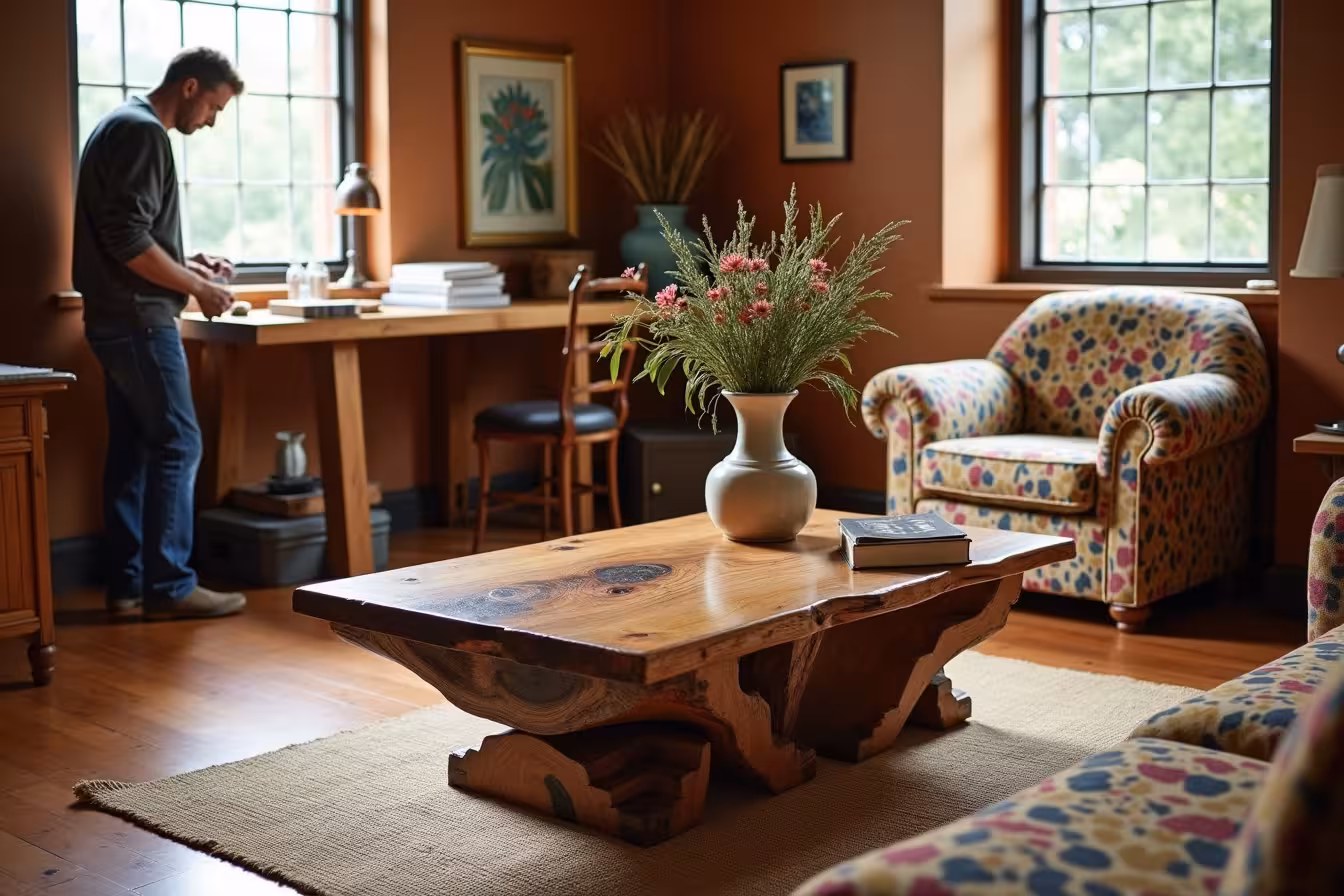 A warm and inviting living room with a unique twist. In the center of the image is a beautifully crafted, custom-made wooden coffee table. The table is made from reclaimed wood, showing the intricate grain and natural imperfections, making it a one-of-a-kind piece. The design of the table is unique, with asymmetrical yet balanced legs, and a spacious tabletop, perfectly suited for the room's dimensions. The coffee table is adorned with a few carefully chosen items, such as a vintage ceramic vase with a fresh bouquet of flowers and a stack of artfully arranged design books. To the right of the table, there's an eccentrically shaped but tastefully upholstered armchair, fitting snugly in a previously awkward corner of the room. The fabric of the chair has a vibrant and unusual pattern that breaks the monotony, immediately drawing the viewer's attention. The room has a rich, warm color palette, with the custom-built furniture pieces standing out against a backdrop of neutral-colored walls. The flooring is a polished hardwood, reflecting the warm light from a nearby window and adding to the overall coziness of the space. On the left side of the image, we see a local craftsman, adding the final touches to another custom piece, highlighting the support for local businesses and the fine craftsmanship that goes into custom-built furniture. He is focused on his work, a symbol of quality and attention to detail that goes into each piece of custom-built furniture. The room feels cozy and inviting, yet visually stimulating with these unique pieces of furniture breaking the pattern of typical mass-produced items. The image captures the beauty, uniqueness, and personal touch of custom-built furniture while showcasing its potential to transform and optimize a space
