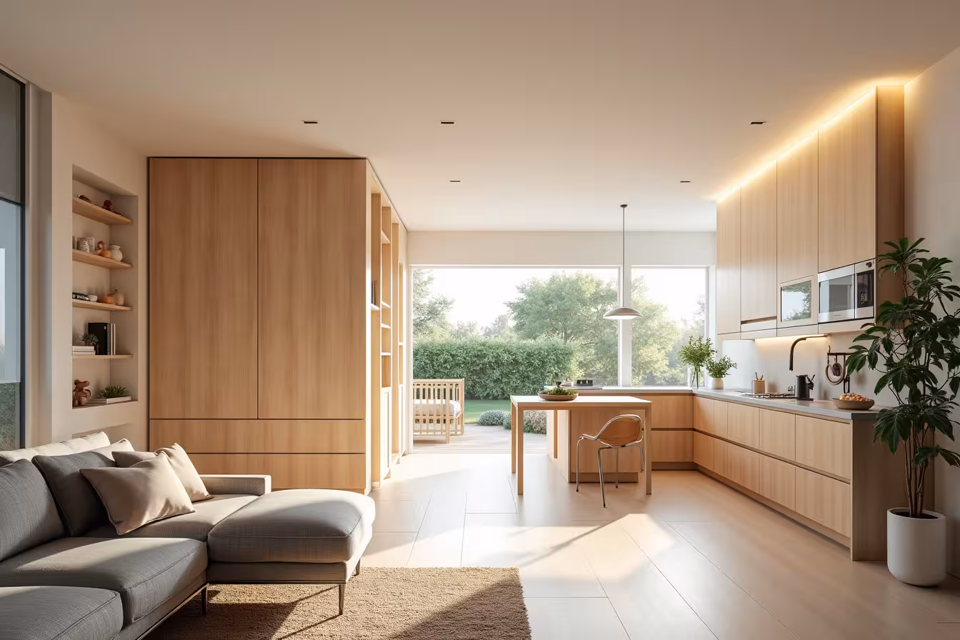 A bright, spacious, and modern open-plan living room. In the center, there's a movable partition wall made of light, sustainable wood. The wall is partially open, showing its ability to reconfigure the space. On one side of the partition, there's a home office with a sleek, height-adjustable desk and a chair. On the other side, there's a cozy nursery with a convertible crib that can transform into a toddler bed. The room is filled with natural light, and there are plants strategically placed to improve air quality. Prompt 2: An accessible kitchen with a futuristic twist. The countertops and cabinets are adjustable in height, showcasing their unique ability to adapt to different mobility needs. The handles and knobs on the cabinets are designed with easy-grip materials. The flooring has a non-slip finish for safety. Next to the kitchen, there's a wall-mounted control panel that indicates it's a smart home system, with icons for lighting, heating, and security. Prompt 3: A serene and multifunctional outdoor space. A modular deck made of recycled materials occupies the center, surrounded by easy-care landscaping. There are adaptable outdoor furniture pieces that can be configured for a kids' play area, a peaceful seating area, or an entertainment space. On the side, there's a compact solar panel system installed, hinting at the home's sustainable design. Prompt 4: A bright and organized hallway with a unique storage solution. The wall is lined with built-in storage units that stretch from the floor to the ceiling, showcasing efficient use of vertical space. There's a surprise element: a part of the wall opens to reveal hidden storage space under the stairs. The hallway has wider doors for wheelchair access, and it leads to a single-floor living area, indicating the home's aging-friendly design