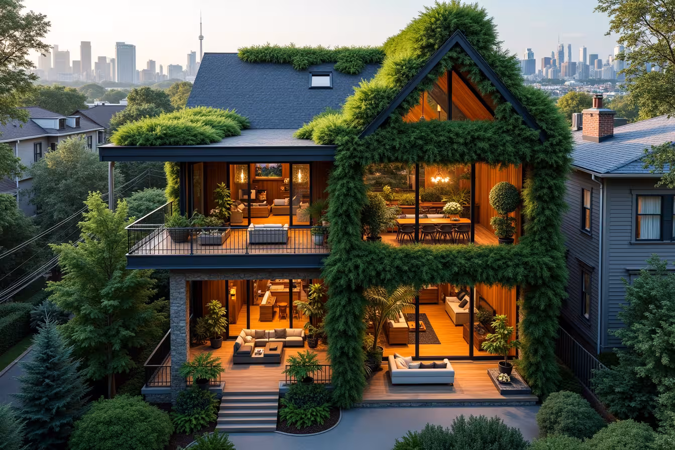 An aerial view of a bustling Toronto neighborhood, where amidst the typical grey cityscape, one house stands out conspicuously. This house is a renovated Victorian-style building, boasting a living green wall that crawls up its exterior, giving it an almost tree-like appearance. Large, contemporary windows punctuate the green wall, allowing a peek into the warm, inviting interior. Inside, the house is a harmony of natural materials, with wooden floors and stone accents. A skylight in the roof pours natural light into the space, illuminating an open-concept living area filled with a variety of lush, indoor plants. In one corner of the room, there's an innovative automated watering system for the plants, showcasing the intersection of technology and nature. Subtle textures and patterns inspired by nature adorn the walls and furniture, reinforcing the connection to the natural world. In the background, through the large windows, the Toronto skyline is visible - a stark contrast to the nature-inspired interior, enhancing the uniqueness of this biophilic design. This image encapsulates the concept of biophilic design in the context of Toronto's home renovations, highlighting its beauty, functionality, and the contrast it provides to the typical urban dwelling