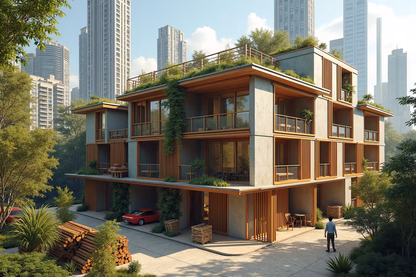 A bustling, vibrant cityscape composed entirely of eco-friendly buildings. The buildings themselves are an eclectic mix of bamboo and reclaimed wood structures, reflecting a warm, earthy palette. Some of the taller structures are made of shining, recycled steel, adding a modern contrast to the organic textures. Now, focus on one particular building that stands out in this sustainable cityscape. This building is a perfect example of sustainable living, seamlessly integrating various eco-friendly building materials and techniques. Its walls are made from insulated concrete forms, providing a sturdy and energy-efficient structure. Large, expansive windows allow plenty of natural light to enter, reducing the need for artificial lighting. A cool roof, reflecting sunlight and radiating less heat, crowns the building. The building's exterior is painted with low VOC paints in a soothing, earthy color, promoting a healthier environment. Bountiful patches of green insulation, made from materials like sheep's wool and cellulose, are visible in certain sections of the building, showcasing the building's energy efficiency. On one side of the building, a series of bamboo scaffolding is set up, indicating ongoing construction or renovation. Nearby, a pile of reclaimed wood, destined to be transformed into beautiful, unique furniture or structural components, rests. The building's roof is adorned with an array of solar panels, converting sunlight into electricity. A rainwater harvesting system is also visible, with gutters and pipes leading to a large storage tank at the back of the building. In the foreground, place a few bamboo plants, indicating the source of this sustainable building material. This entire scene is depicted under a clear, sunny sky, highlighting the functionality of the solar panels and the cool roof. This image is a visual representation of sustainable living, showcasing various eco-friendly building materials and techniques in a single frame. It's not only visually engaging but also conveys the blog post's theme effectively