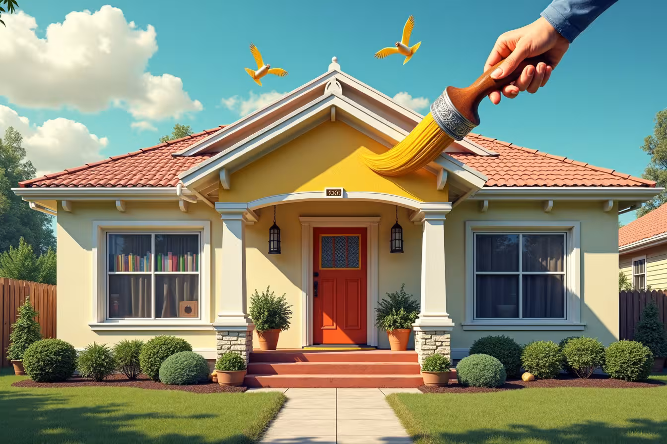 A composite image that draws elements from various architectural enhancements mentioned in the blog post. At the center of the image is a cookie-cutter style home which, under the touch of a giant, magical, golden paintbrush held by an unseen entity, is being transformed into a unique and visually appealing dwelling. Starting from the top, the paintbrush is adding a beautiful ornate crown molding to the edges of the roof. The entrance is being enhanced with a brightly colored door featuring intricate designs and a cozy porch with lush green potted plants. On the sides, the flat, dull walls are magically getting covered with elegant wainscoting. The fireplace within the house is visibly transforming, getting a unique mantel and surrounded by stylish tiles visible through a large window. Next to the fireplace, a plain wall morphs into a tasteful built-in bookcase filled with colorful books. Hanging from the painted sky, you can see unique, decorative light fixtures descending to replace the generic ones. The house's exterior is surrounded by a lush, well-maintained garden, depicting the importance of landscaping. Towards the back of the house, standard doors are being replaced by elegant French doors, and the kitchen window is expanding into a beautiful bay window. This image is vibrant, with a mix of colors and textures, depicting a seamless blend of the old and the new, embodying the transformation from a cookie-cutter home to a house with unique architectural interest