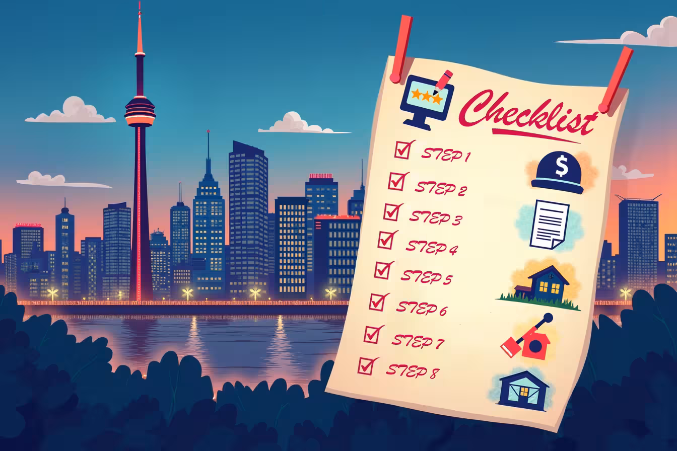 A whimsical and lively cityscape of Toronto as the background, with the iconic skyline, including the CN Tower, visible at dusk. In the foreground is a life-size checklist pinned to the cityscape. The checklist should look like it's made of blueprints, symbolizing the construction theme. Each checkbox is paired with an illustrated icon representing each of the ten points mentioned in the blog post. 1. A magnifying glass over a computer screen showing a star rating for the Research the Contractor point. 2. A list with a pencil for the Make a List of Questions point. 3. Three speech bubbles for the Speak to More than One Reference point. 4. A house, showcasing beautiful finish and detail, for the Visit Completed Projects point. 5. An insurance policy and a license for the Ask for Contractor's Insurance and License point. 6. A calendar with a dollar sign for the Check Payment History point. 7. A two-way radio symbolizing Look for Communication Skills point. 8. A hard hat and a wrench for the Evaluate Problem-Solving Skills point. 9. A broom and a sparkling clean house for the Assess Cleanup and Respect for Property point. 10. A sturdy house with a checkmark for the Seek Long-Term Satisfaction point. The cityscape and the blueprint checklist should be visually striking, popping out against the twilight sky. The colors should be vibrant and catchy, with a slightly exaggerated, cartoonish aesthetic to A pattern-break, making it an exciting, strange, and enticing image