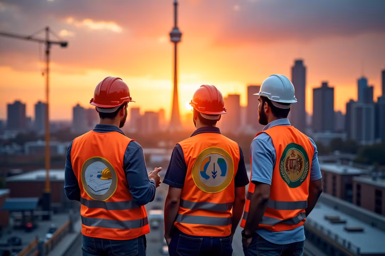 A vibrant cityscape of Toronto at sunset, with the iconic CN Tower clearly visible in the skyline. The sky is streaked with shades of orange and pink, and the city buildings are silhouetted against the fading daylight. In the foreground, we have three construction workers, each holding a different emblem representing their respective certifications - Certified Construction Manager (CCM), Construction Health and Safety Officer (CHSO), and Gold Seal Certification (GSC). The CCM emblem is a blueprint with a hardhat and pencil, symbolizing project management and planning. The CHSO emblem is a safety helmet with a protective shield, representing the safety measures and precautions in construction sites. The GSC emblem is a golden seal with a laurel wreath, signifying prestige and high professional standards in the industry. The workers are engaged in a lively discussion, possibly about a project at hand, standing next to a construction site with a partially built structure in the background. This image should symbolize the importance of certification in the construction industry, the different types of certifications, and the implications they have on construction projects and safety measures. It will also underscore the role of these certifications in advancing a contractor's career in the construction industry