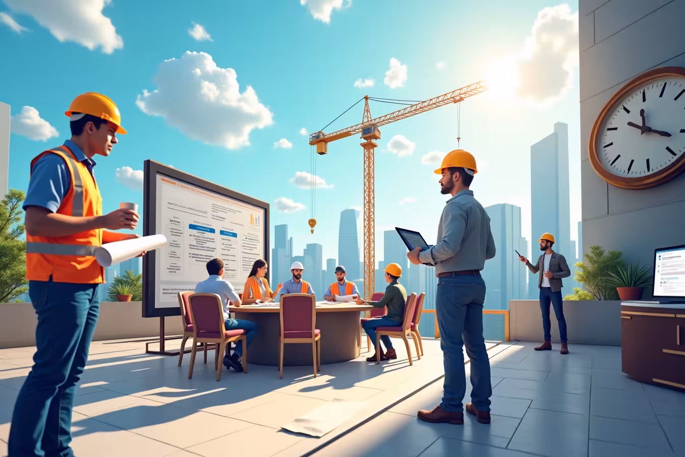 A bustling construction site in the heart of Toronto, under a bright, clear sky. To the left, a contractor wearing a hard hat and holding blueprints is engaged in a deep conversation with a client who is holding a cup of coffee. They appear to be discussing the construction project in front of them, which is in full swing. In the middle of the site, a large signboard displays a detailed project timeline and important contract details. Just behind the contractor and client, there's a large round table where a team meeting is happening. People are pointing at blueprints, and it's evident they are actively communicating and brainstorming. To the right, a giant clock is mounted on the wall, pointing towards the importance of time management in the project. In the foreground, a laptop is open with an email conversation visible, symbolizing the open communication channels between the contractor and the client. Nearby, a mediator is standing by, ready to assist with any conflicts that might arise. The background portrays the skyline of Toronto, connecting the image to the city. The image should have a hint of surrealism, such as a floating hard hat or a tiny crane lifting a huge building, to make it exciting, strange, and enticing. The overall tone should be vibrant and energetic, indicating a productive and collaborative environment