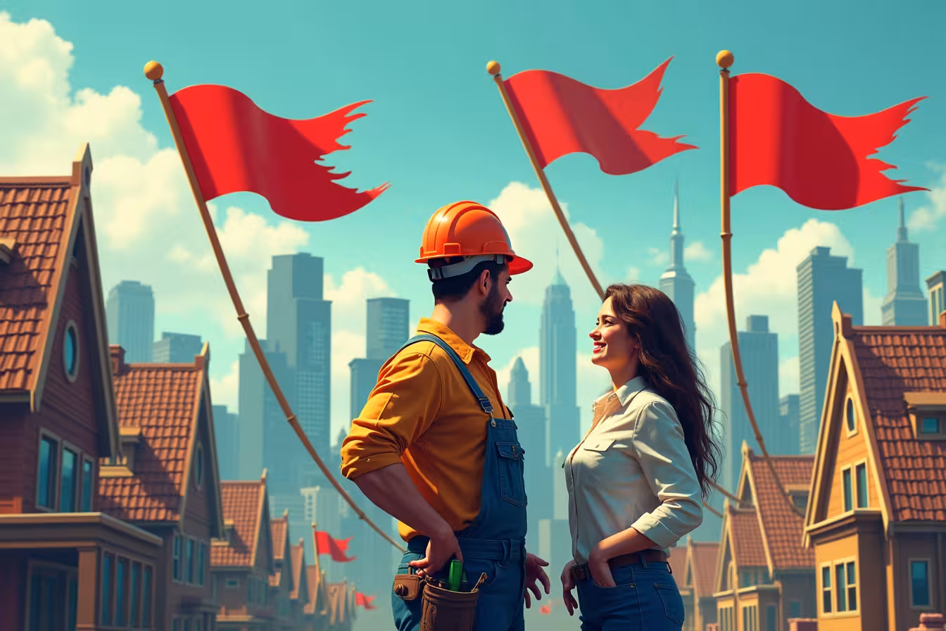 A vibrant, bustling cityscape of Toronto as the background. In the foreground, A detailed scene of a home construction project, with a contractor and a homeowner engaged in discussion. The contractor should be depicted as a slightly shady character, with a few symbolic red flags floating around him, signifying the red flags to look out for. The first red flag should have a faint license and insurance documents on it, with a clear no entry sign overlaid. The second red flag should showcase an image of a broken communication device, symbolizing poor communication. The third flag should depict a ridiculously low dollar amount, representing unrealistically low quotes. The fourth flag could show an empty review box, indicating insufficient references or reviews. The fifth flag should have a blank contract paper, denoting the absence of a written agreement. The sixth flag could show a broken clock, representing poor time management. The seventh flag should depict a large dollar bill, indicating large upfront payments. The eighth flag could show a question mark in place of a physical address. The ninth flag should have a broken guarantee seal, representing no guarantee of work. The tenth and final flag should have an image of a crossed-out permit, indicating ignoring the permitting process. Ensure that the flags are vivid and eye-catching, contrasting sharply with the background to immediately draw the viewer's attention. The overall tone of the image should be exciting, strange, and enticing while still being relevant to the blog post