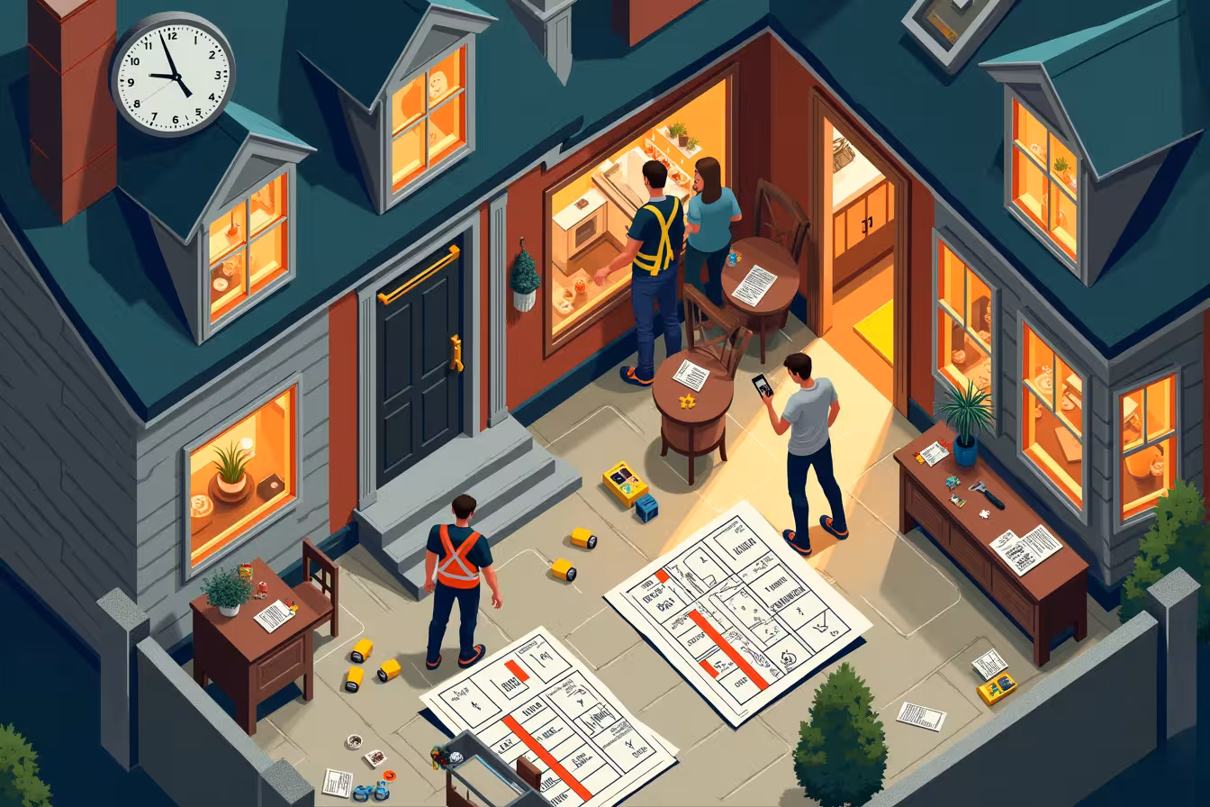 An overhead scene of a chaotic home renovation set in a typical Toronto house. The house should show a mix of styles, with a Victorian exterior and a starkly contrasting modern kitchen visible through an open door. Various signs of renovation mistakes are scattered around: blueprints with clear signs of insufficient planning like question marks and cross-outs, a disgruntled contractor presenting a very low estimate, a warning sign implying the lack of necessary permits, and visible structural, wiring and water damage issues. A corner of the house should be dedicated to a beautiful, functional space that respects the home's original style, showing the impact of small, well-thought-out changes. A side table has a rushed, unfinished project with tools scattered around. In contrast, another part of the room shows green renovations like energy-efficient appliances and sustainable materials. A for-sale sign out front has a fluctuating price tag, indicating the struggle with considering the home's resale value. The entire scene is framed with a large, eye-catching question mark, symbolizing the confusion and mistakes that can occur without proper knowledge and planning