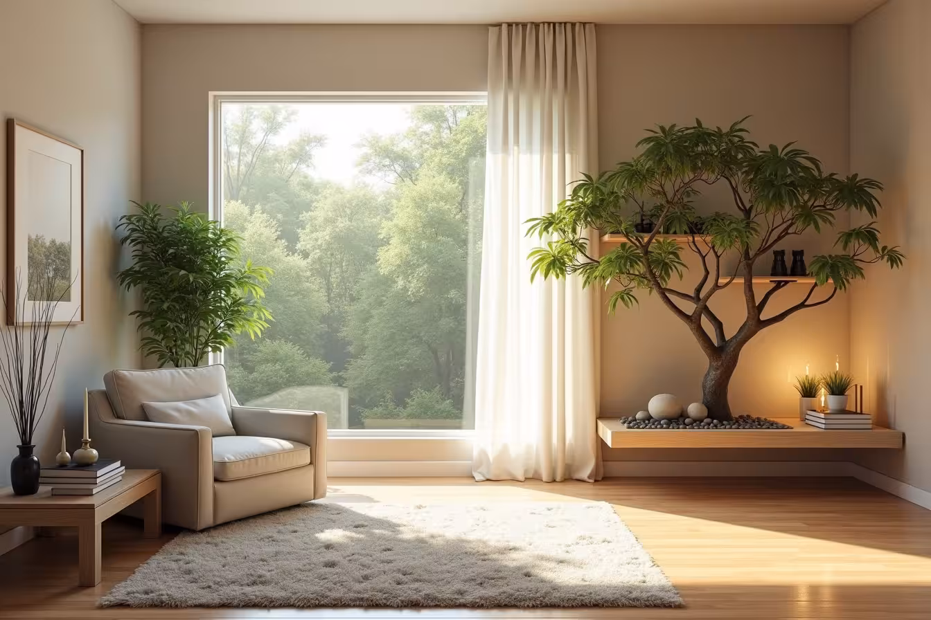 A visually stunning and unexpected representation of a Zen home space. The image should be set in a room filled with warm, natural light pouring in through a large window, where the view outside is a serene, lush green forest, adding to the tranquil ambiance. The room should have a minimalist design with a color palette of soothing earthy tones such as beige, white, and light grey. Incorporate a few strategically placed items: a small indoor bamboo plant, an elegant tabletop Zen garden with smooth stones, and a tiny, tranquil indoor fountain. In one corner of the room, place a cozy armchair with a soft, plush rug under it. On a side table next to the armchair, place a few essential oils and incense sticks, a burning candle casting gentle shadows, and a small speaker playing soft instrumental music. The room should be impeccably clean and organized, with no clutter, emphasizing simplicity. To add a personal touch, include a beautifully framed photograph on the wall and a tastefully chosen painting leaning casually against it. To A pattern-break, introduce an unexpected element: a floating bookshelf in the shape of a tree, where each branch serves as a shelf, holding a few books. This unusual feature adds a whimsical, yet harmonious, aspect to the Zen space, drawing the viewer's eye and creating intrigue