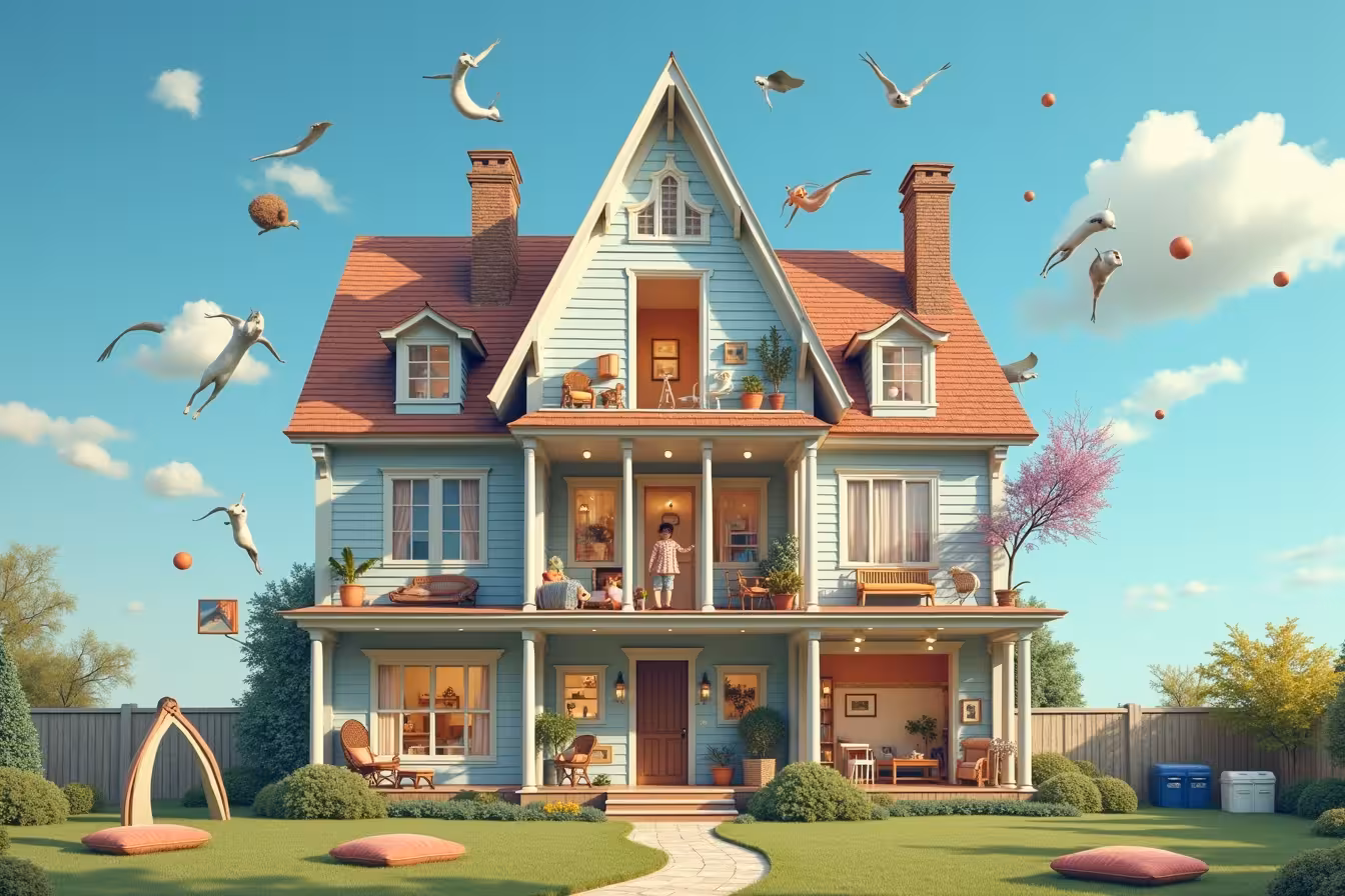 An enchanting, whimsical image of a house that appears to be expanding and transforming in a surreal manner. The house, which is an amalgamation of different architectural styles, is set against a clear, blue sky, with a few fluffy white clouds scattered randomly. Parts of the house should be seen morphing: the attic stretching upwards into a spacious loft, a basement shape-shifting into a colourful children's playroom, and a large closet opening up into a cosy, book-filled reading nook. Walls of the house should be partially transparent, revealing glimpses of the interior changes. Around the house, there should be furniture floating in mid-air, gradually becoming multi-purpose or transforming into age-appropriate forms - a crib turning into a toddler bed, a table adjusting its height, an ottoman revealing hidden storage. On one side of the house, show a wall with soundproofing materials like insulation and acoustic panels being magically applied. On the other side, show a backyard bursting into life with children's play equipment, a BBQ area, and a comfortable seating arrangement, all appearing as if they're being conjured out of thin air. In the foreground, show a variety of energy-efficient appliances and recycling bins emerging. Be sure to include a sense of movement and dynamism, like a time-lapse photo, to depict the ongoing changes and adaptations. The overall tone should be exciting and magical, yet still grounded in the reality of a family home. The aim is to visually represent the blog content in a unique, pattern-breaking way that draws the viewer in