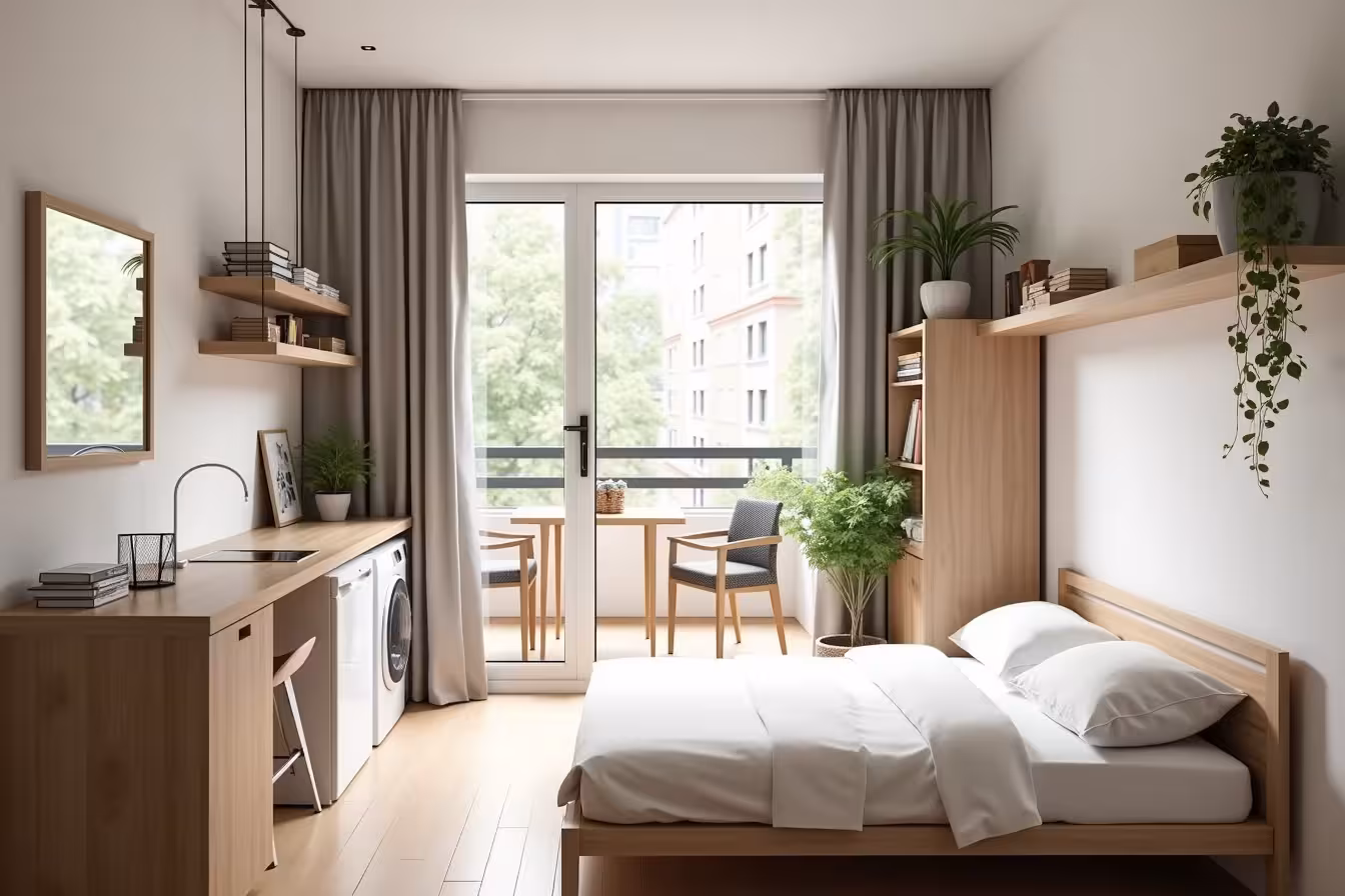 A small yet chic living space that is a perfect representation of the art of downsizing. The room has a minimalist aesthetic with light, neutral tones on the walls and furniture, giving an open, airy feel. In the center, there's a piece of multipurpose furniture, a stylish wood coffee table that can be transformed into a desk. To the side, we see a compact, well-made bed with built-in storage underneath. Above the bed, there are floating shelves with few but meaningful decorative pieces, and a mirror that reflects the room, creating an illusion of more space. The room is subtly divided into different zones - a corner has been converted into a work area with a wall-mounted, foldable table and chair, there's a small kitchen area with small, flexible appliances like a mini fridge and a compact washer-dryer combo tucked under the counter. A tall, narrow storage unit filled with neatly arranged books and items stands beside a large window that floods the room with natural light. A hanging plant from the ceiling and a wall-mounted light draw the eye upward, enhancing the sense of height in the room. Outside the window, there's a hint of a cozy balcony with outdoor furniture and plants, showing the extension of this living space into the outdoors. This image is a blend of simplicity and functionality, making it a powerful representation of living large in a smaller space