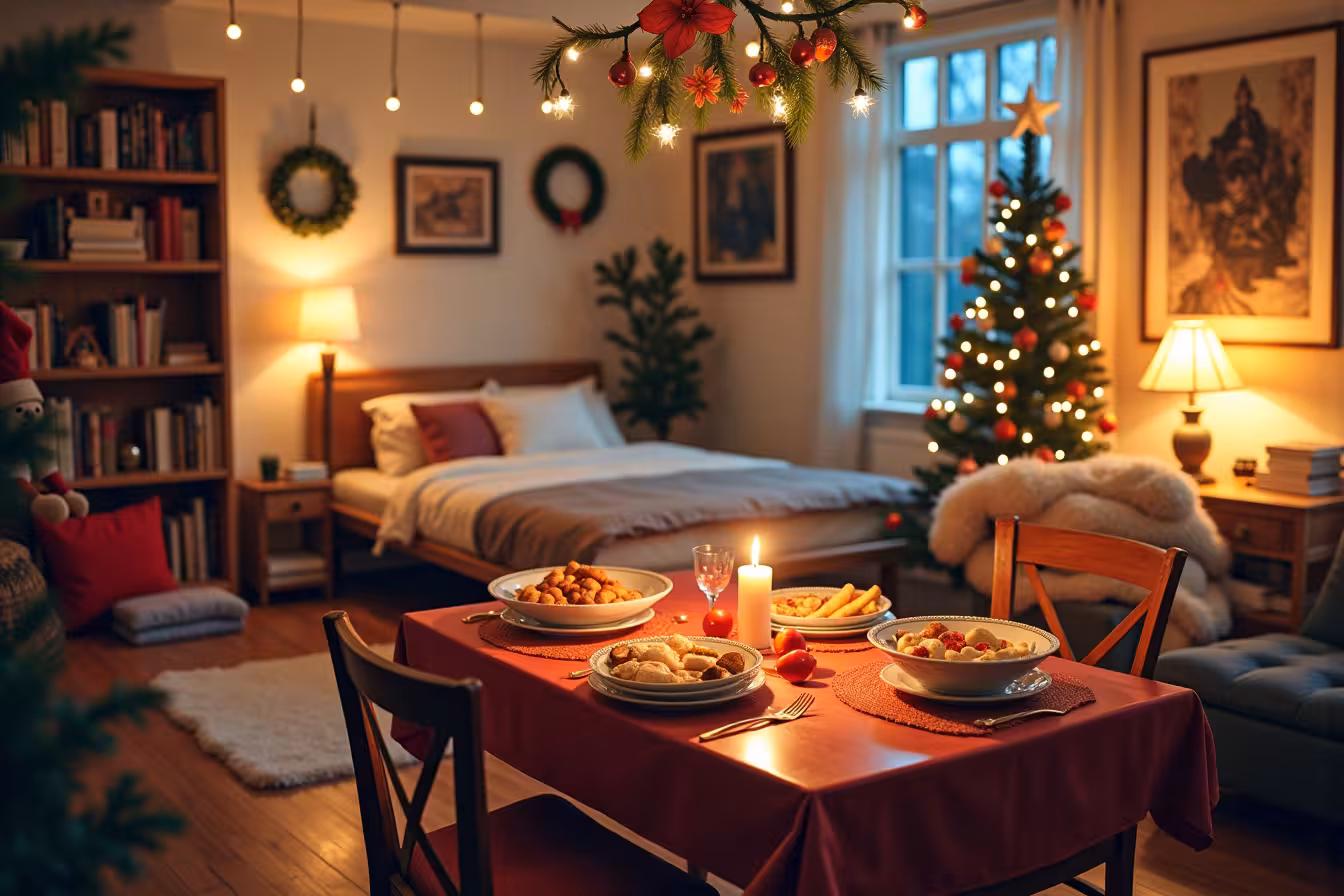A dynamic, whimsical, and inviting image that captures the essence of preparing a home for holiday guests. The scene should be set in a warmly lit living room with tasteful holiday decorations like a decorated Christmas tree, wreaths and strands of twinkling fairy lights. To the side, a well-stocked bookshelf with a selection of books and board games should be visible, suggesting guest entertainment. A cozy sleeping corner should be depicted with a plush air mattress, fresh linens, fluffy pillows, and cozy blankets. In the foreground, a festively set dining table laden with a variety of dishes, snacks, and a lit scented candle should be featured, representing advance meal planning and a welcoming atmosphere. To one side of the room, subtly incorporate a small table with neatly piled towels, toiletries and a first aid kit, indicating the homeowner's preparedness for guests' needs and emergencies. Finally, introduce an element of surprise or pattern-break: A friendly, unexpected holiday character (like a cheerful elf or a snowman) happily doing the chores - perhaps dusting or vacuuming - to add a touch of whimsy and spark curiosity. The overall color scheme should be warm and comforting, with soft glow from the lights and candle creating a magical, inviting atmosphere