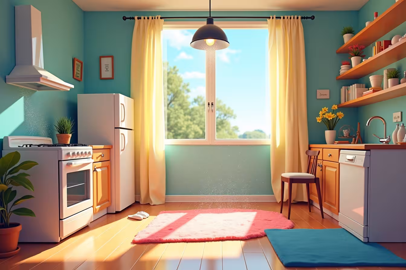 A whimsical scene of a home undergoing a spring cleaning transformation. The center of the image should feature a brightly lit, well-organized room with a modern look, filled with vibrant, spring colors. On one side of the room, A pile of clutter dissolving into thin air, symbolizing the decluttering process. On the other side, focus on a window, where heavy curtains are being replaced by lighter ones, letting in a ray of sunshine that illuminates dust particles dancing in the air. In the foreground, depict an open oven, refrigerator, washing machine, and dishwasher, showcasing gleaming interiors after a thorough cleaning. Nearby, include a plush carpet with a sparkling clean appearance and a polished hardwood floor reflecting the light. On the room's walls, show a visible difference between a clean, bright section and a dusty one. Include a small, lively indoor plant on a table, symbolizing the purification of air. Peek into the adjacent bedroom, where fresh bedding is being laid on the bed, and the bathroom, where sparkling tiles and shiny fixtures are visible. Finally, in the background, through the clean window, show a view of a rejuvenated outdoor space with clean furniture and blooming flowers. This image should embody the freshness and renewal that comes with spring cleaning