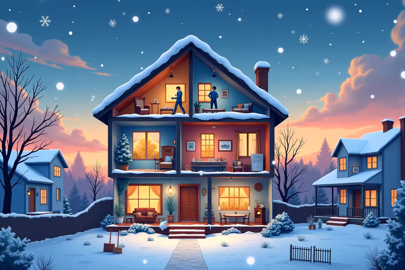 An eye-catching illustration that perfectly encapsulates the concept of winter-proofing your home. The image is set in a charming suburban neighborhood, under the surreal and captivating twilight sky, with large snowflakes slowly falling from the ethereal clouds above. In the center, stands a quintessential house, sliced in half, akin to a dollhouse, revealing the inside. Each room in the house represents a different winter-proofing task from the blog post. In one room, a person is seen installing thermal curtains on a window, while in another, a professional is servicing a heating system. The bathroom shows pipes wrapped with insulation, and the attic is filled with thick layers of insulation material. The exterior of the house is not left out. The roof is depicted with a close inspection, revealing no signs of damage or leaks. The gutters are shown cleared of any leaves or debris. The outdoor furniture and equipment are covered and stored properly. To the side of the house, a programmable thermostat is displayed with a visible temperature setting. The fireplace is shown with a professional checking it, ensuring it's safe to use, and the entrance of the house has a welcoming door mat with a snow shovel, a bag of salt, and backup power supply resting on it. The image is intricately detailed, yet instantly understandable, encapsulating the whole essence of the blog post in a single glance. It's not a typical image, it's unusual, stirring curiosity and compelling the viewer to read the blog post