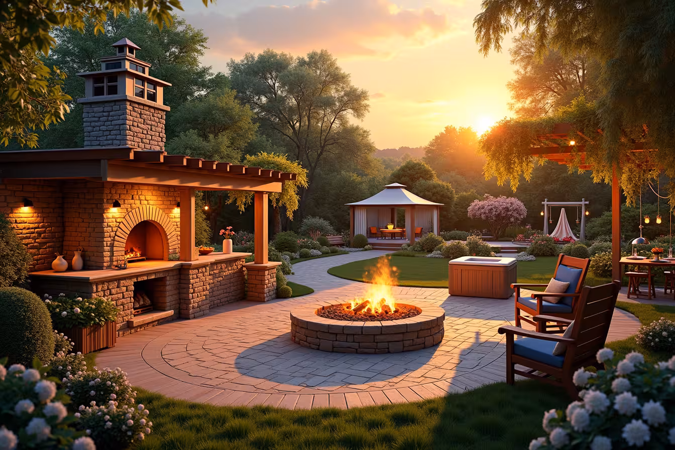 A vibrant, whimsical backyard scene bathed in the golden light of a summer sunset. In the foreground, there's an inviting outdoor kitchen with a stone-built pizza oven and a BBQ grill, a rustic wooden picnic table is set for a feast. To the right, there's a cozy fire pit, with comfortable chairs arranged around it and marshmallows ready to roast. Further back, a lush garden oasis filled with a mix of flowering plants, shrubs, and trees surrounds a small, tranquil pond. A charming garden path winds through the greenery. To the left, there's a wooden pergola covered with climbing roses, under which a couple of people are enjoying a yoga session, and nearby, a gazebo houses an intimate outdoor dining setup. Scattered throughout the scene, solar-powered lights illuminate the space, casting a soft, enchanting glow on the architectural features and highlighting a deck with a hot tub. On one side, a vertical garden flourishes on a wall, filled with abundant herbs and flowers. In the background, a large white sheet is stretched between two trees, a projector set up in front of it, hinting at an outdoor theater. A children's play area with a treehouse, sandbox, and swings can be spotted near the garden, and finally, a backyard bar stocked with refreshing summer drinks glimmers with inviting warmth
