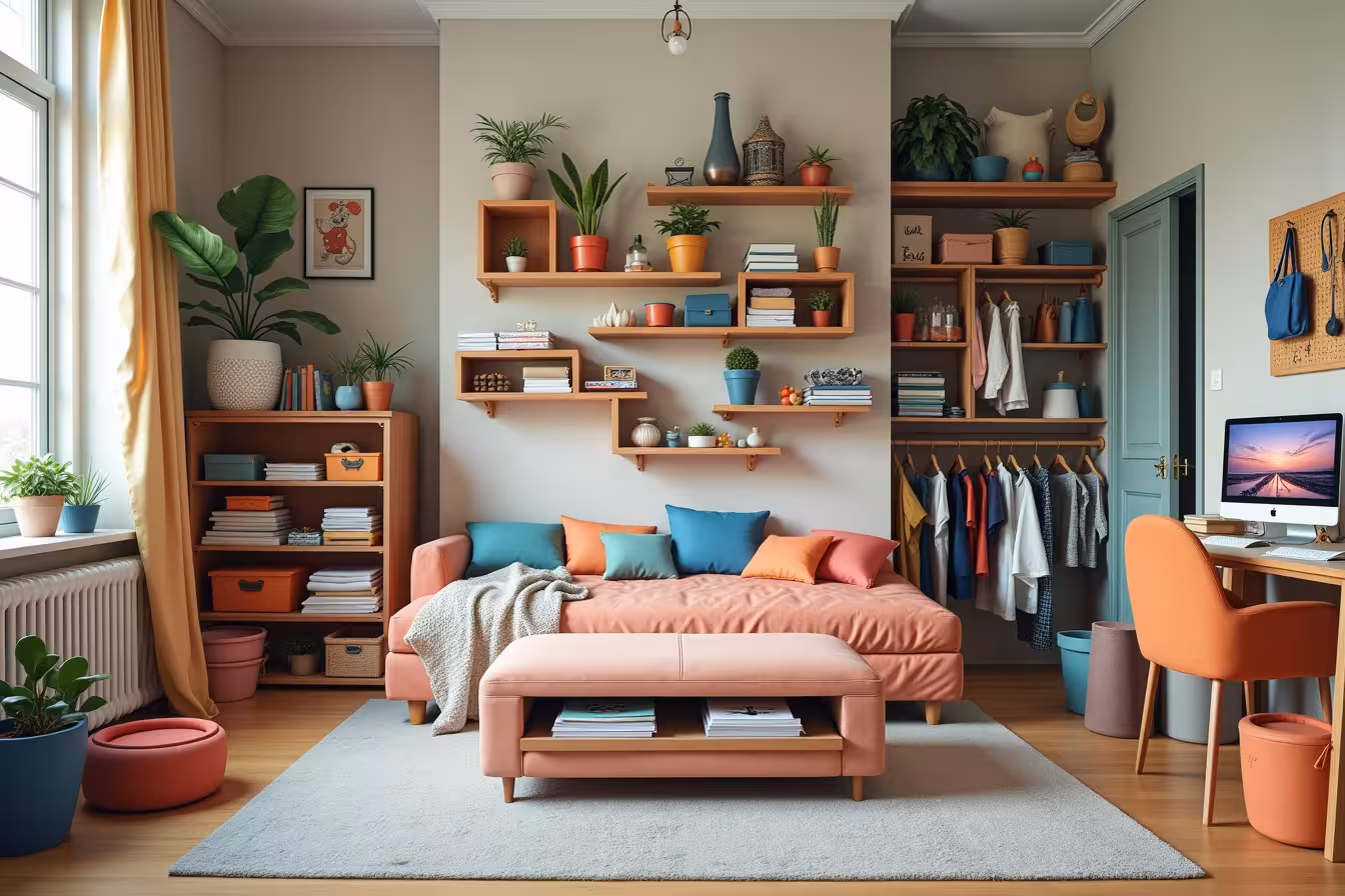 A stylish yet quirky living room setting that is filled with innovative storage solutions. The room should have a tall, vertical wall, adorned with a variety of shelves arranged in a unique, asymmetrical pattern. On these shelves, there should be a mix of books, planters, and decorative storage baskets in various shapes, sizes, and materials. In the middle of the room, there should be a multifunctional ottoman, with its lid half-open, revealing neatly stacked books and blankets. Alongside the ottoman, show a bed with built-in drawers underneath, half open to display neatly folded clothes. Scattered around the room are colorful storage bins and baskets, each filled with a different set of items like magazines, remote controls, and toiletries. To one side, show a closet with its door open, revealing a well-organized closet organizer system, with shelves, drawers, and hanging rods containing assorted clothing, shoes, and accessories. On the other side, show the bottom of a staircase cleverly converted into a series of shelves, filled with various household items. In the background, include a home office setup with a computer showing a digitized photo album on the screen. Next to it, hang a pegboard with a variety of kitchen tools and utensils hanging on it. Finally, sprinkle the room with strategically placed hooks and hangers, holding coats, hats, towels, jewelry, and accessories. The scene should evoke a sense of surprise and curiosity with its unusual but effective use of space. The overall aesthetic should be whimsical, appealing, and a bit surreal, capturing the excitement of living clutter-free with innovative storage solutions