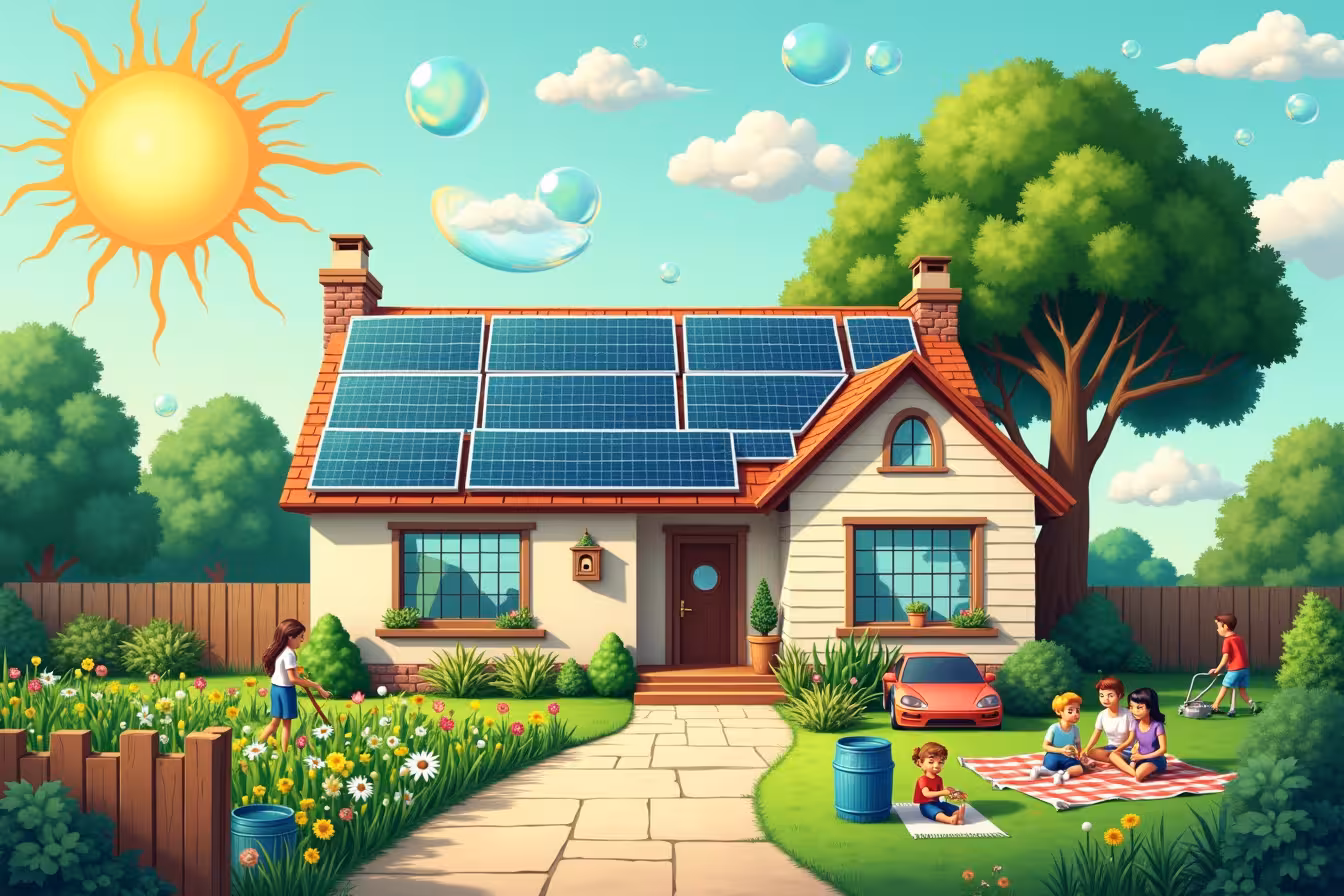 A quirky and lively collage that encompasses the spirit of Earth Day and sustainable living. The central image is a charming and aesthetically pleasing home, surrounded by lush greenery. The roof of this house is adorned with sleek and modern solar panels, glowing under the radiant sun. Rainwater collection barrels are visible on the sides of the house, catching crystal clear droplets from the sky. On the left side of the home, A vibrant vegetable garden with a variety of lush, healthy plants. Among the vegetation, a compost bin is neatly tucked in, filled with decomposing kitchen scraps and yard waste. A family is seen working together in the garden, showcasing the joy of gardening as a communal activity. On the right side of the house, a large native tree provides shade, with a birdhouse nestled in its branches, representing the habitat for wildlife. Under the tree, a picnic blanket is spread out, where a family is having a picnic using reusable utensils and cloth bags. In front of the house is a driveway, where a car is being washed using water from a rainwater collection system. Next to the driveway, a person is seen insulating the windows of the house with weather stripping. In the sky above the house, instead of clouds, there are fluffy, imaginative illustrations of energy-efficient appliances and bubbles filled with DIY cleaning products. This eccentric and detailed image is designed to be visually engaging and fun, breaking the pattern of traditional Earth Day images and enticing viewers to delve deeper into the sustainable home projects described in the blog post