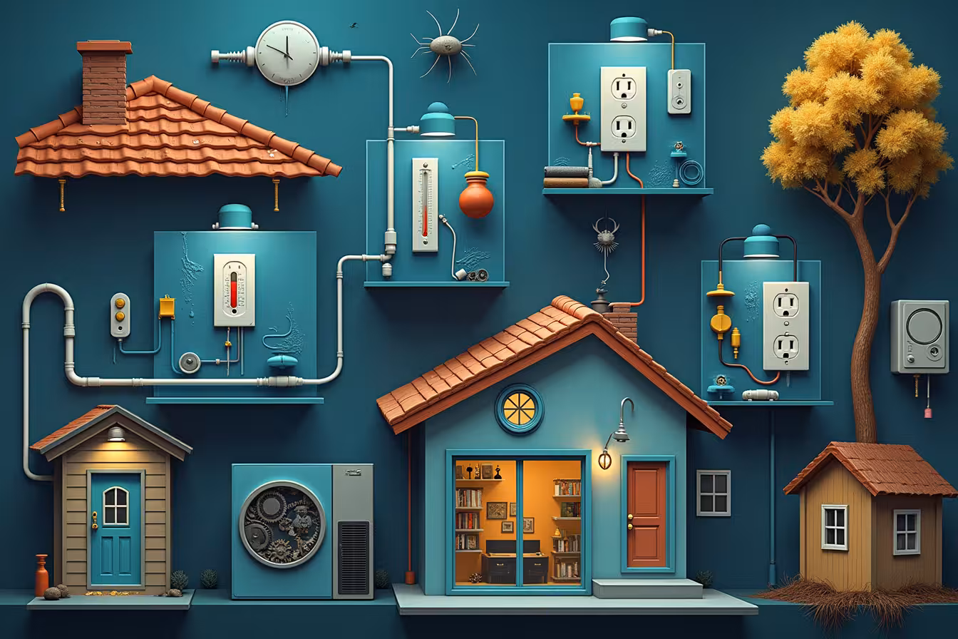 An intriguing and surreal image that represents the hidden faults in common household areas. The image should be divided into ten different sections, each representing the overlooked areas in home inspections mentioned in the blog post. 1. For the 'Roof' section, A magnifying glass hovering over a tiled roof, revealing cracks and damage on the shingles that are not visible to the naked eye. Add dripping water from the faulty area to symbolize potential leaks. 2. The 'HVAC System' section should depict an HVAC system with a transparent side, revealing cogs and gears inside, some of which are rusty or broken. 3. For 'Plumbing', An x-ray view of a wall with pipes inside, showing a hidden leak with water slowly dripping away. 4. In the 'Electrical System' section, show a wall outlet with small sparks flying out and a burnt wire visible inside. 5. The 'Attic and Insulation' part should depict an attic with a thermometer showing a high temperature due to poor insulation. Also, include small, subtle signs of pests like a mouse or termite. 6. For 'Exterior Drainage', illustrate a flawed gutter system with water overflowing and flooding the house's foundation. 7. The 'Foundation and Structural Components' section should depict cracks in the foundation of a house, with doors and windows slightly ajar or skewed due to structural issues. 8. In the 'Windows and Doors' section, depict a door and window with visible gaps letting out cold air, symbolizing energy loss. 9. The 'Basement and Crawl Spaces' part should portray a dark basement with signs of water damage on the walls and a spider web to represent pests. 10. Lastly, for 'Landscaping', show a large tree with roots penetrating the house foundation causing damage. Each section should be interconnected in a surreal way, flowing from one into the next, creating an eye-catching, strange, and exciting pattern that breaks the norm. The overall color palette should be slightly muted with occasional pops of vibrant colors to draw attention to key elements