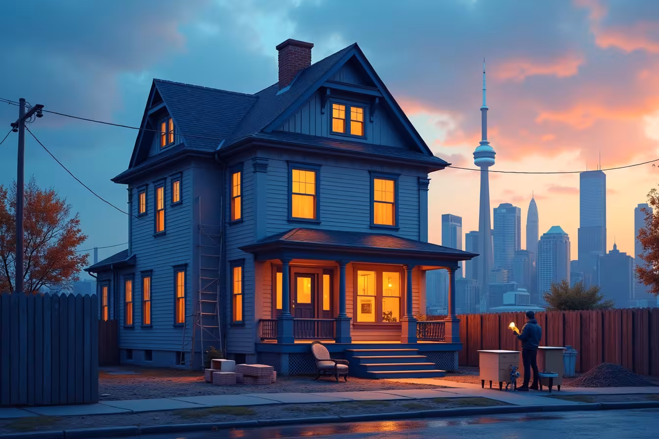 An image that brilliantly captures the essence of a home renovation project in the bustling city of Toronto. The skyline of Toronto, featuring the iconic CN Tower, serves as a backdrop, bathed in the soft hues of twilight. In the foreground, a Victorian-style house is half-painted, half-stripped bare, signifying a work in progress. There are visible signs of delay, like scaffolding, a pile of bricks, and a covered furniture, symbolizing the common obstacles in a renovation project. Despite the chaos, a figure, representing the homeowner, is seen calmly sipping coffee in the midst of the renovation site, indicating patience and coolness amidst the delay. Weather elements like a few clouds or light rain can also be added to represent adverse weather conditions causing delays. The image should have a dash of vibrant colors to make it stand out and catch the eye of the reader, while still maintaining a realistic representation of a renovation delay in Toronto