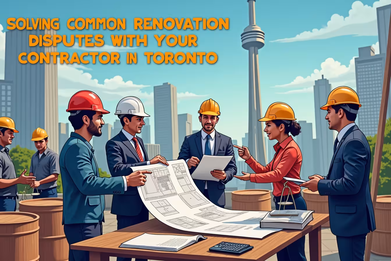 A vibrant, bustling construction site in the heart of Toronto, with the iconic CN Tower in the backdrop. A mix of construction workers and professionals in business suits are engaged in active, animated discussions. They are holding and referencing various documents such as blueprints, contracts, and calculators, symbolizing the multifaceted aspects of a renovation project. One pair, a homeowner and a contractor, is seen in the forefront, standing by a large blueprint spread over a makeshift table made of wooden planks and barrels. They are pointing at specific elements on the blueprint, indicating clear communication and mutual understanding of the project's scope. To the right, a professional mediator in a neutral grey suit is seen mediating a dispute between two workers. The mediator is holding a signed contract in one hand, referencing it while gesturing with the other hand. In the background, a lawyer is seen discussing with a client, with law books and a scale of justice on the table, indicating legal advice. On the left, a worker is seen documenting the day's work in a large ledger, signifying the importance of keeping records. The image is a dynamic snapshot of a busy, active construction site, with various interactions and activities happening simultaneously, showcasing the complexity and challenges of managing renovation projects. The colors are bold and bright, drawing attention to the detailed action in the scene. The title of the blog post, Solving Common Renovation Disputes with Your Contractor in Toronto, is superimposed at the top, in bold, eye-catching letters
