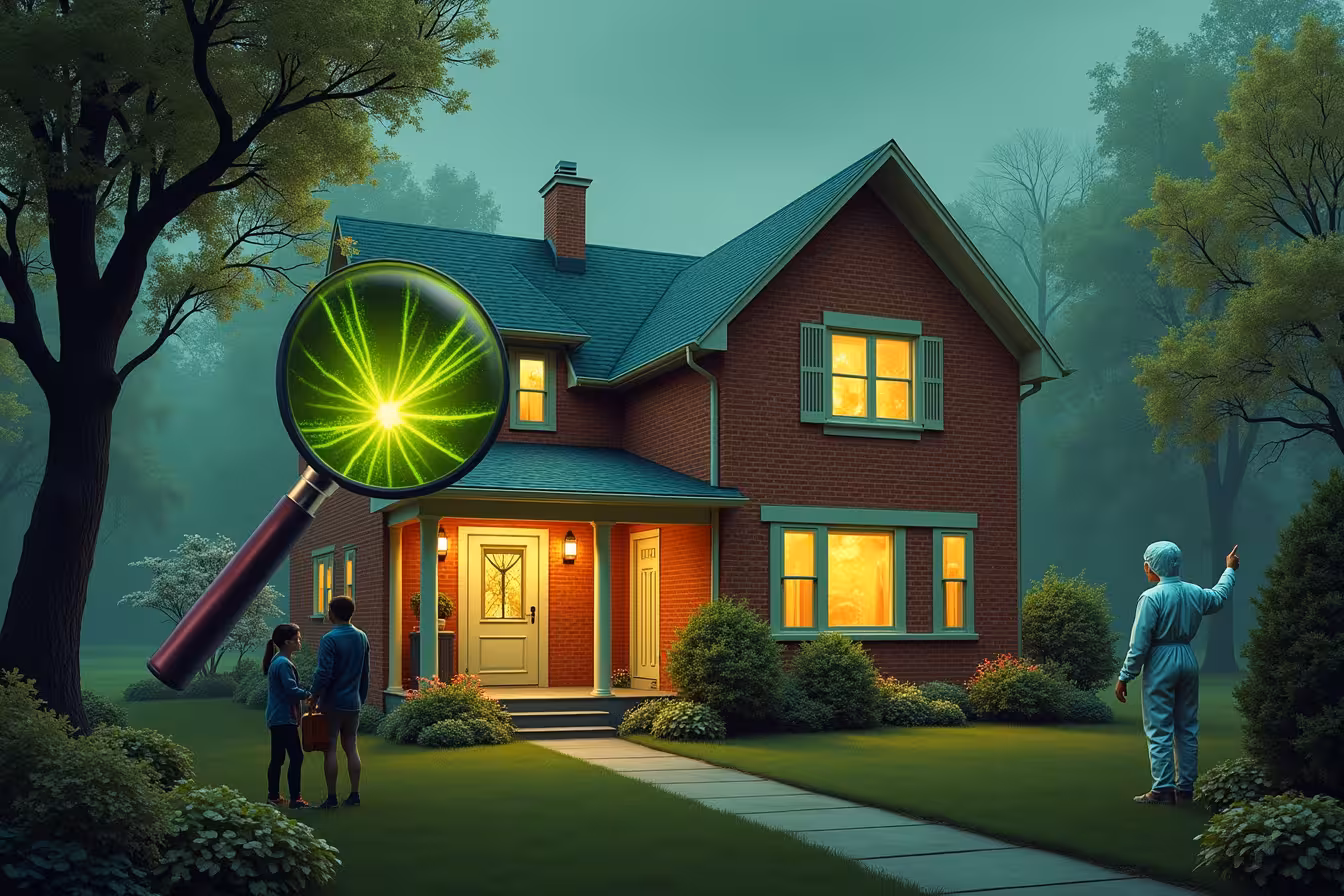 A mid-century home, with a hint of vintage charm. The house's exterior is made up of red bricks and it has a beautiful garden filled with blooming flowers. However, there is something strange and unusual happening. The house seems to be partially transparent, revealing the internal structure of the house such as the insulation around pipes, old vinyl tiles, siding, and roofing shingles. These internal structures are subtly glowing with a radioactive-like green hue, signifying the presence of asbestos. On the foreground, there is a family of three (a couple and a child) looking at the house with surprised expressions. They are standing at a safe distance, pointing at the house but very careful not to touch anything. Hovering above the house, there is a magnifying glass, symbolizing the inspection process. Inside the magnifying glass, you can see a close-up of the glowing green asbestos fibers. Just at the corner of the image, there are two professionals in white protective suits, masks and gloves, with a toolbox and some equipment, ready to intervene. They represent the professional help one should seek when dealing with asbestos. This image is a blend of reality and fantasy, creating a captivating and eye-catching visual that reflects the seriousness of the issue while also prompting intrigue and curiosity