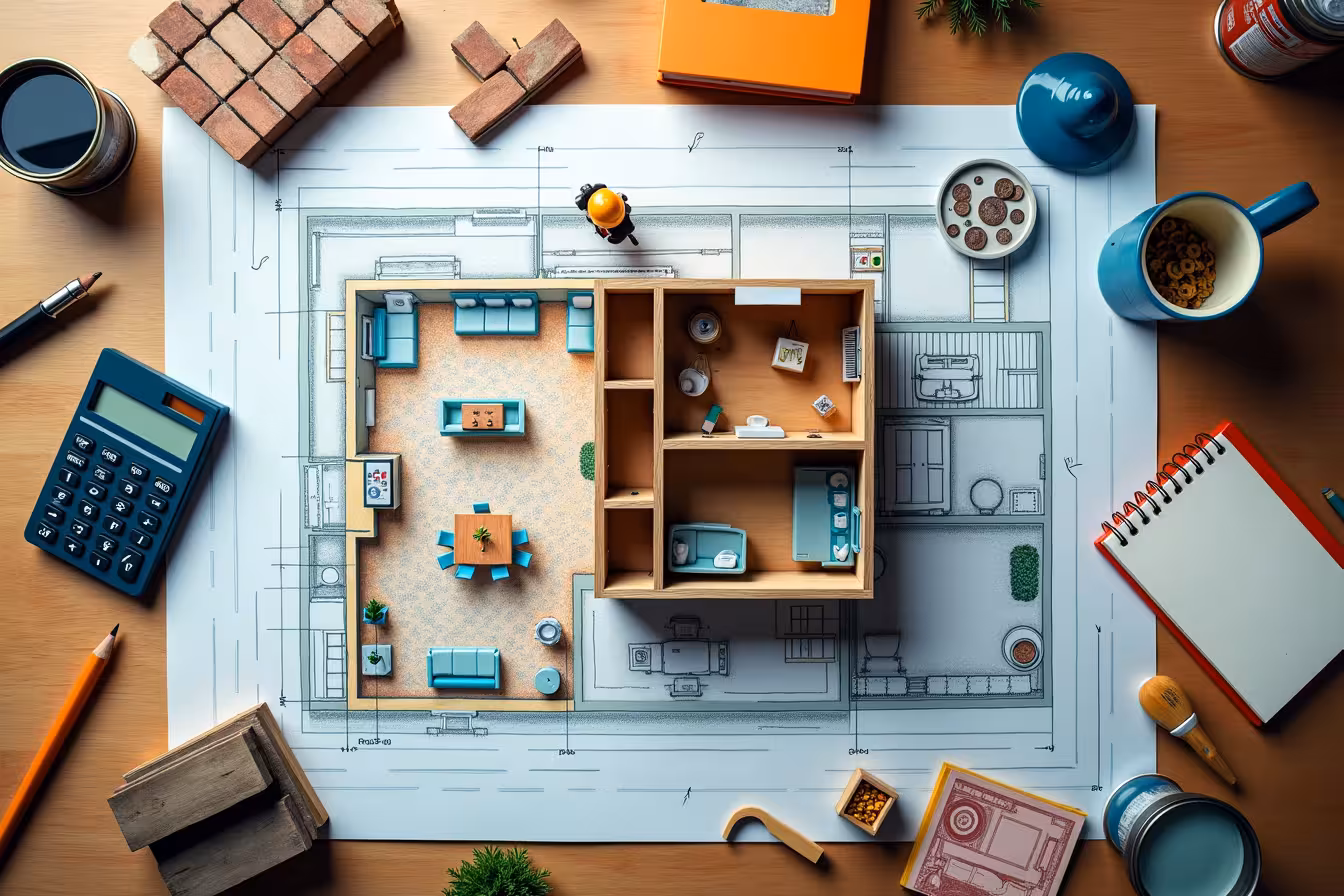 A birds-eye view of a colorful detailed blueprint of a house in Toronto, spread out on a wooden table. The blueprint should show the interior layout of the home with various rooms including the kitchen, living room, bedrooms, bathroom, etc. Scattered on top of the blueprint are several elements related to renovation - a miniature ladder, paint cans, a small pile of bricks, and a tiny contractor with a hard hat examining the blueprint. In one corner of the image, there's a calculator, some Canadian currency, and a document titled 'Budget'. Nearby, there's a magnifying glass hovering over the blueprint, symbolizing a home inspection. On another corner, there's a small model of the house under a safety glass dome, symbolizing insurance. A tiny notepad with a checklist titled 'Renovation Needs' and a pencil lie next to the blueprint. A speech bubble with a small image of a contractor and a homeowner inside it, symbolizing communication, floats above the scene. In another section, there's a pile of old wooden planks, a vintage window frame, and an old door, symbolizing repurposing of existing materials. A pair of eyes on a stick, symbolizing regular checks, are peering into the scene. Lastly, a small scale sits on one side of the blueprint, balancing a symbol of a house and a pile of coins, symbolizing realistic renovation goals. The entire scene is bursting with color and detail, creating an exciting, strange, and enticing image that immediately catches the eye and compels the viewer to delve into the blog post