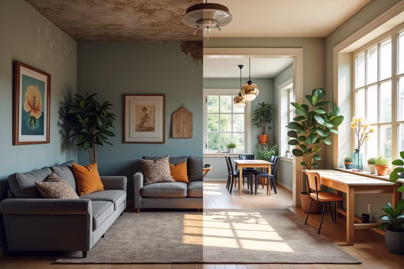 A split-screen image that encapsulates the concept of a dramatic before-and-after transformation. On the left side of the screen, A dated, poorly lit room with old-fashioned decor, cluttered furniture, and a closed-off floor plan. There should be visible signs of wear and tear, like peeling wallpaper and scratched surfaces, signifying the need for a home remodel. On the right side of the screen, illustrate the same room but dramatically transformed after a successful home remodel. It should feature an open floor plan with ample sunlight pouring in through large, energy-efficient windows. The room is tastefully decorated with modern aesthetics, high-quality materials and furniture, and smart home technology. Visible features could include a sleek storage solution and eco-friendly elements like a green wall or recycled materials, highlighting the functionality and sustainability aspects of the remodel. Lastly, add a touch of the unexpected to make the image enticing and pattern-breaking. Perhaps a unique piece of art or a bold, statement-making light fixture that adds a pop of color and intrigue to the otherwise neutral palette of the room. This element of surprise will draw the viewer's eye and make them curious about the story behind the transformation. This image should speak to the transformative power of home remodels, drawing in readers who are interested in home improvement and design, and encouraging them to read the blog post to learn more about the process and benefits of a successful home remodel