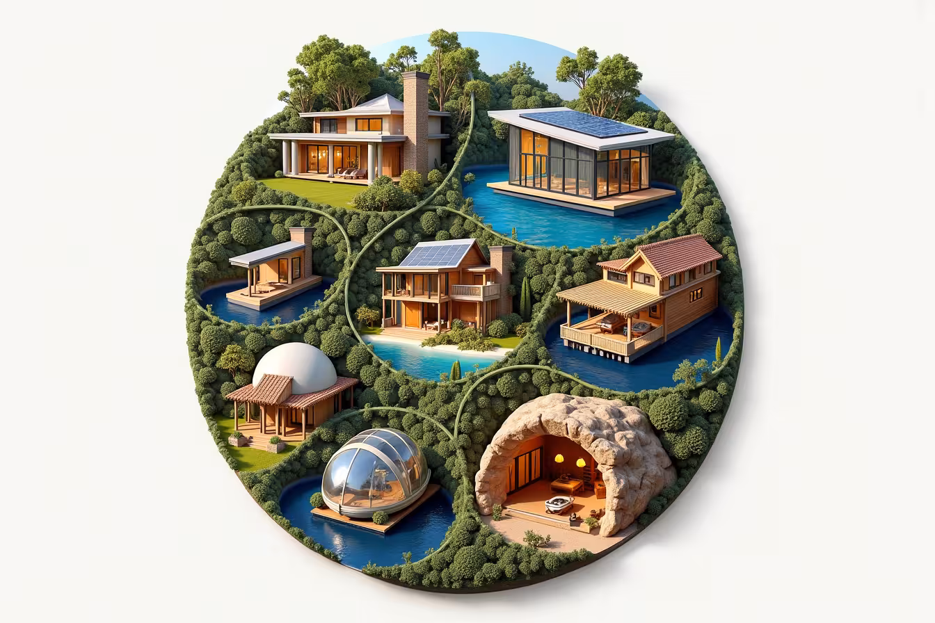 An eclectic collage of the most unique professionally designed homes. The collage should be arranged in a circular pattern with each unique home occupying a wedge of the circle. 1. At the top, place an eco-friendly home made of renewable materials with solar panels on the roof and a rainwater harvesting system nearby. 2. To its right, a tiny home with minimalistic design, featuring space-saving furniture and multipurpose rooms. 3. Continue clockwise with a luxurious treehouse nestled among lush green leaves, featuring large glass walls for a panoramic view. 4. Next to it, portray a sleek and modern houseboat on calm waters, illuminated by underwater lights. 5. Then, an underground home should be shown, partially buried in a grassy hill, with creatively placed windows for natural light. 6. Moving on, a converted church with traditional architecture but modern comforts, including smart home technology. 7. Next, a floating home on serene waters, designed with sustainable materials and stunning views. 8. Then, a container home with an industrial aesthetic, featuring an open floor plan and large windows. 9. A dome home inspired by Buckminster Fuller's geodesic designs, with large windows allowing ample light. 10. Lastly, a rustic cave home carved out of natural rock formations, with modern amenities and glass walls for light and views. Ensure the collage is vibrant and visually engaging, highlighting the uniqueness and specialty of each home. The background should be neutral to let the images pop, and each home should have a small label below indicating its type