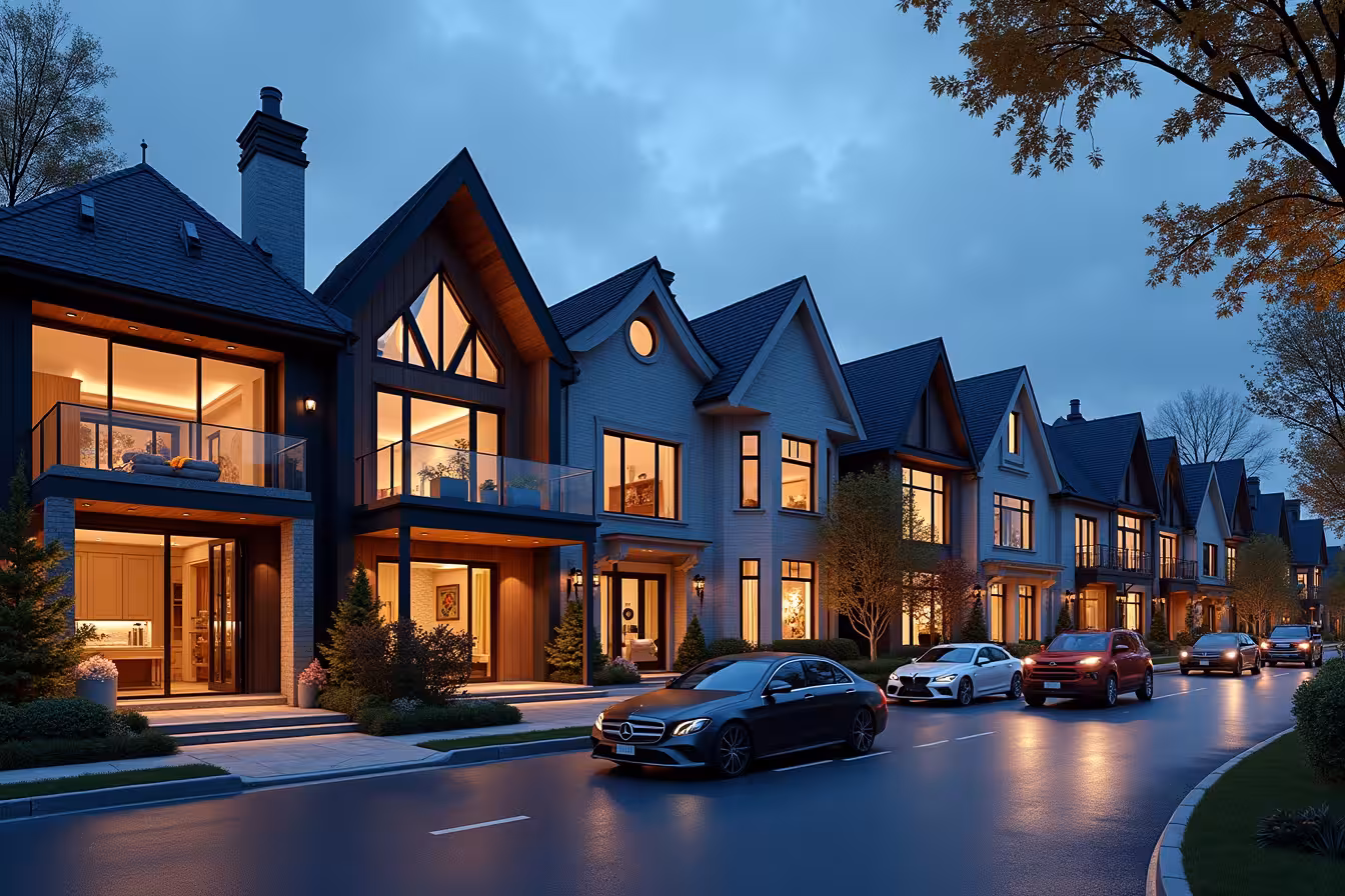 An eclectic and luxurious Toronto street view at dusk. On this street, we see a row of impressively renovated celebrity homes, each with a distinct feature that makes them stand out. 1. On the far left, there's a modern mansion, inspired by Drake's home, with exotic wood and marble accents visible through expansive glass windows. 2. Next to it, Celine Dion's house stands with its open floor plan, the airy and spacious interior is visible through a wide, glass front. 3. Moving on, we see a backyard glimpse of Ryan Gosling and Eva Mendes' home, showcasing an inviting outdoor living space complete with a sparkling pool and a cozy outdoor kitchen. 4. The next house, inspired by Meghan Markle and Prince Harry, has a large bay window through which we see a peaceful, dedicated yoga studio. 5. The Weeknd's home is shown next, with visible smart home features like a sleek security camera and futuristic lighting. 6. Justin Bieber's eco-friendly house is up next, with solar panels on the roof and a wind turbine in the yard. 7. A peek into Rachel McAdams' house reveals a luxurious, spa-like bathroom featuring a soaking tub and rain shower. 8. Next, we see a gourmet kitchen through the window of a house, equipped with commercial-grade appliances and a large island, inspired by a typical celebrity home. 9. Elton John's home is next, showcasing an illuminated wall through a large window that's full of vibrant and eclectic art pieces. 10. Lastly, a home with unique architectural details inspired by Margaret Atwood's former residence, a round room with a circular skylight, stands distinctively. The street is bustling with activity, luxurious cars, and well-dressed pedestrians, creating a vibrant and enticing scene that invites the viewer to learn more about these celebrity home renovations