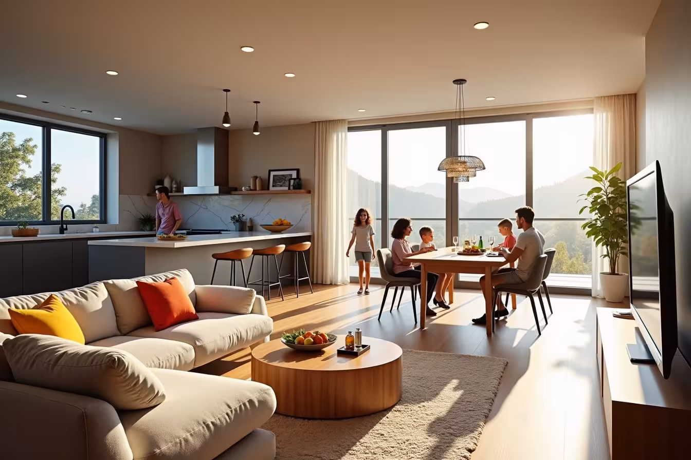 A spacious and modern open-floor living space that is bathed in natural sunlight. The layout is perfectly designed to maximize social interaction, with a cozy living room seamlessly blending into a stylish kitchen and a chic dining area. There are no walls separating these zones, only an intuitive furniture arrangement that subtly defines each area. The living room features a plush, comfortable sofa with a vibrant throw pillow, a sleek coffee table, and a flat-screen television on a minimalist TV stand. The kitchen boasts of state-of-the-art appliances, a marble kitchen island with high stools, and hanging pendant lights that add a warm glow to the space. The dining area has a wooden table set with stylish chairs and a modern chandelier hanging above it. Large floor-to-ceiling windows frame the entire scene, allowing an abundance of natural light to permeate the space and offering a picturesque view of the outdoors. A family is happily interacting in this space - perhaps a parent cooking in the kitchen, another parent working on a laptop at the dining table, and children playing in the living room. The image should evoke a sense of connectedness, warmth, freedom, and versatility, highlighting the benefits of open floor plans in a visually engaging and enticing way