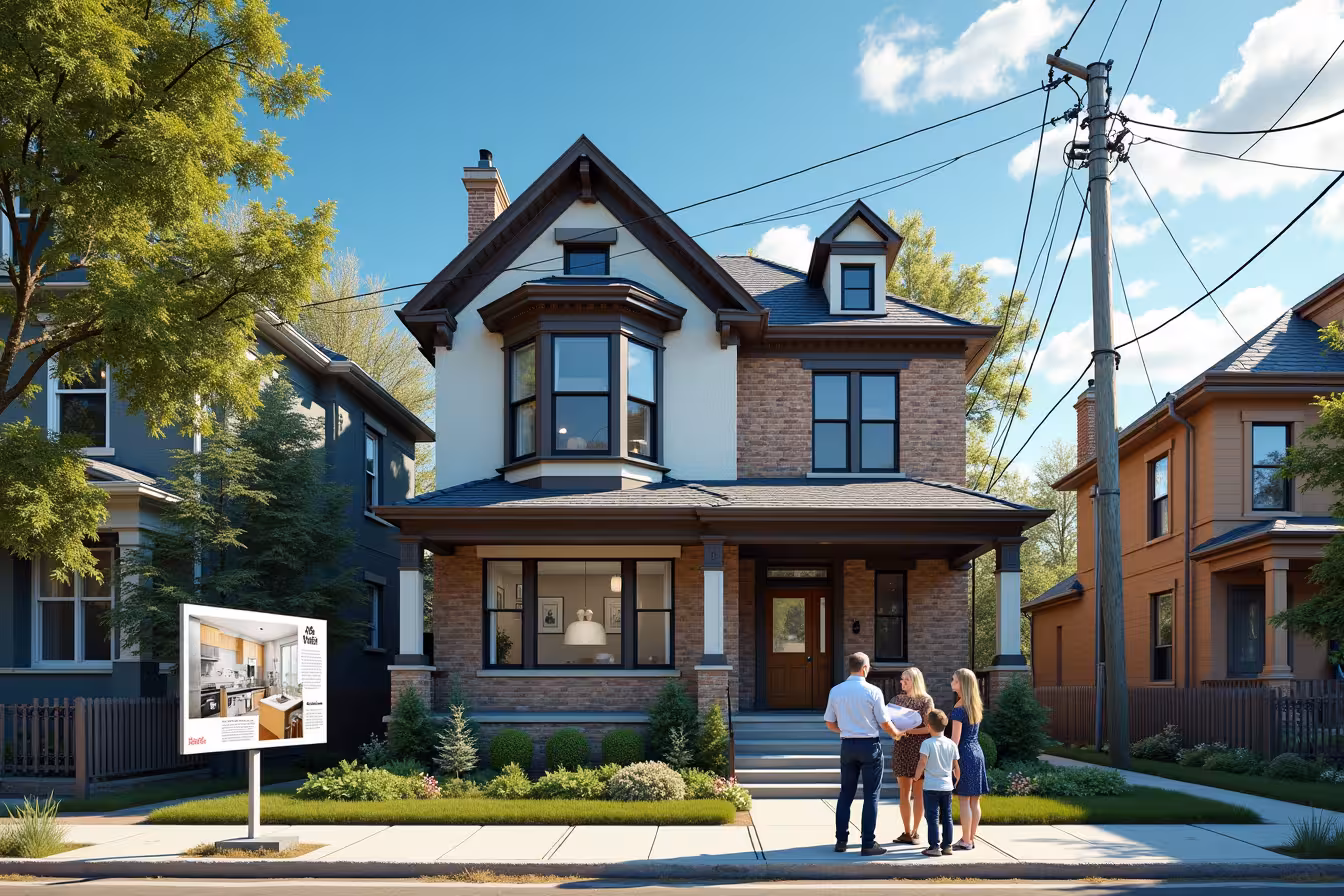An image of an old, run-down Victorian-era house in downtown Toronto. It's situated on a bustling, tree-lined street, with a blend of preserved historic charm and modern architectural elements. The house itself is showing signs of neglect, with peeling paint and a slightly overgrown yard. The sky overhead is a vibrant blue, suggesting a new dawn or the onset of a bold transformation. A large crane is seen next to the house, indicative of imminent renovation work. A renovation company's signboard is planted firmly in the front yard, showcasing a digital rendering of the potential transformation of the house - a modern, elegant, and eco-friendly dream home. On the left side of the house, a semi-transparent overlay shows the interior of the house and different stages of renovation. The kitchen is being upgraded with high-tech appliances and marble countertops. A bathroom is being fitted with chic, energy-efficient fixtures. An old storage room is being turned into a cozy home office. The house, although old, is located in a desirable, upscale neighborhood. There are lively cafes, boutiques, and a park within walking distance, displaying the charm and convenience of the location. Finally, in the foreground, a family is seen looking at the house and the renovation design with excitement and anticipation. They are holding a blueprint and discussing enthusiastically with a renovation expert. The image should exude a sense of hope, potential, and the joy of transforming a house into a dream home