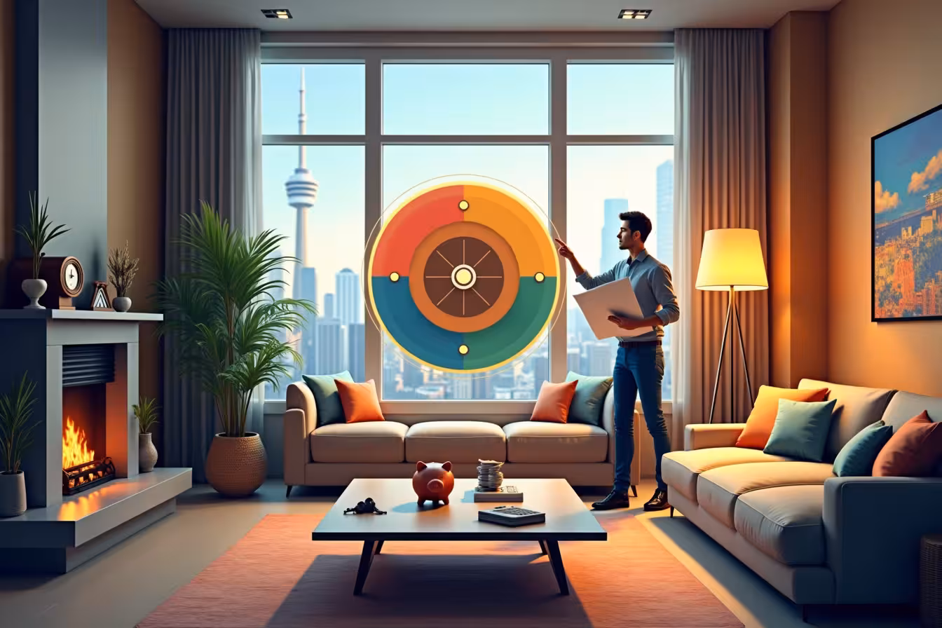 An eclectic and vibrant image that represents a style fusion between modern and rustic home interior designs. The focal point of the image is an interactive quiz floating in the center, depicted as a circular dial with different style icons around it. Each icon represents a unique home style, including modern, rustic, vintage, and contemporary. The modern icon could be a sleek steel and glass coffee table, the rustic icon a wooden and stone fireplace, the vintage icon a Victorian-era chandelier, and the contemporary icon a minimalist, loft-style sofa. The quiz dial is set against a uniquely Toronto backdrop, with the city's iconic skyline subtly visible through a large window behind the quiz. To the side, incorporate a professional interior designer holding blueprints and pointing towards the style quiz, indicating guidance and expertise. To personalize the image and add a touch of intrigue, scatter a few unique items around the room, such as a family heirloom clock on the mantelpiece, a vibrant piece of art on the wall, and a small stack of travel souvenirs on a side table. Lastly, subtly incorporate the concept of budgeting with a piggy bank and calculator sitting on a coffee table in the foreground. The overall color scheme should be warm and inviting, with a mix of modern cool tones and rustic warm hues. This image should encapsulate the exciting venture of home renovation while highlighting the importance of identifying personal style, budgeting, and professional guidance