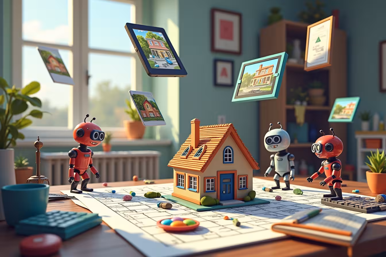 A quirky and chaotic yet visually captivating digital workspace. In the foreground, an architect's drafting table is strewn with a variety of apps coming to life. HomeZada and Mint are depicted as animated calculators, swiftly counting numbers and displaying budget charts. A 3D model of a house being renovated appears on a MagicPlan placed next to a SketchUp, showcasing different layouts and furniture placements. Trello and Project Planner apps are personified as small robots, organizing and rearranging miniature construction tools and blueprints. Houzz and Pinterest apps are depicted as vibrant picture frames, displaying high-resolution images of stunning home interiors and exteriors. On one side of the table, the Wayfair and Home Depot apps are shown as augmented reality glasses, projecting images of stylish furniture into the room. Angie's List and HomeAdvisor apps are represented as a small billboard, displaying ratings and reviews of various contractors. YouTube and WikiHow apps take the form of an open book and a play button, providing step-by-step guides on home remodeling tasks. The Energy Cost Calculator and My Earth apps are symbolized as a small wind turbine and solar panel model, respectively. ColorSnap and Procreate are represented as a color palette and a paintbrush, dabbing colors onto a room's photo. Finally, Centriq and BrightNest apps are imagined as a digital calendar and a feather duster, reminding about maintenance and cleaning tasks. The overall atmosphere is lively and dynamic, perfectly depicting the multitasking nature of planning a home remodel using these apps. The backdrop is a trendy, partially remodeled home to tie it all together. This image is a playful and unexpected take on the topic, sure to catch the reader's eye