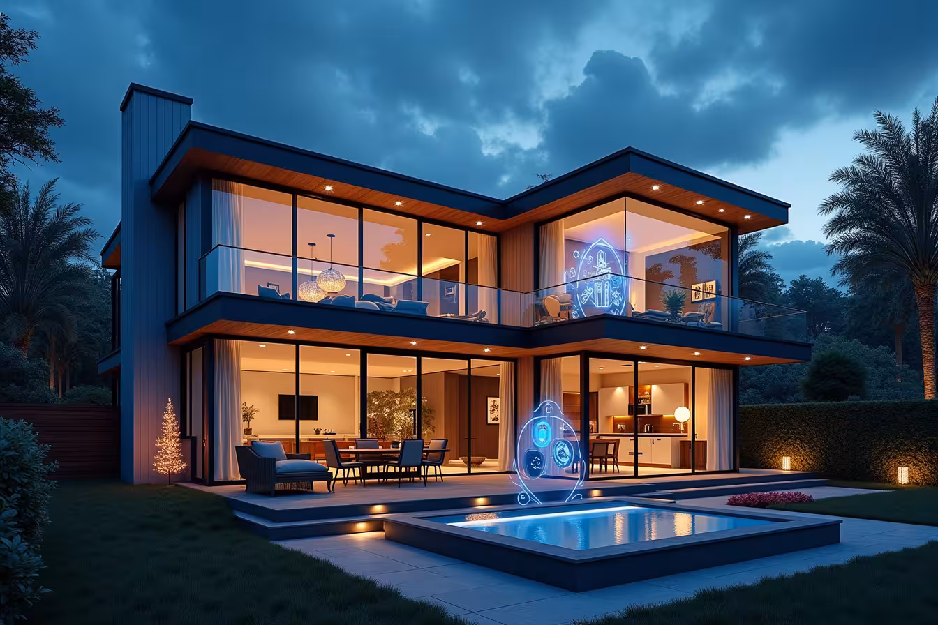 A captivating, slightly surreal modern home exterior under a magical twilight sky. The house has a sleek design with large glass windows, allowing a peek inside where we can see a variety of the described upgrades. A home automation system is visible, represented by a holographic interface projecting from a smart device on a coffee table, controlling the lighting and temperature. In the kitchen, we spot energy-efficient appliances, gleaming under the warm indoor lights, while a smart thermostat can be seen on the wall nearby. Through another window, the corner of a luxurious bathroom is visible, showcasing a walk-in shower and heated flooring, adjacent to a home office with ergonomic furniture and a large computer screen. Outside, a cozy, well-lit outdoor living space is set up for relaxation, complete with comfortable seating and an outdoor kitchen. On the roof, solar panels are discretely installed, hinting at the home's green features. Nestled around the home are security cameras and motion sensors, subtly blending in with the design. High-quality insulation is symbolized by a thermal aura surrounding the house, representing the home's consistent temperature. Embed this modern house in a whimsical landscape with floating energy-efficient icons like a refrigerator, washing machine, and a light bulb. To amplify the unusual factor, let's have a rainwater harvesting system on one side of the house, depicted in a way that raindrops are drawn from a cloud directly into the system. This image should be a mix of reality and fantasy, making it an exciting, strange, and enticing representation of the blog's content