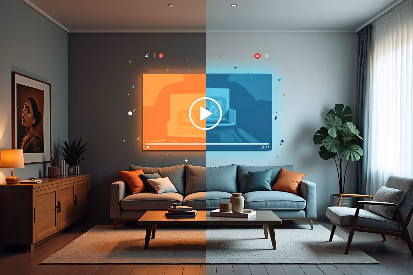 An intriguing, asymmetrical split-screen design. On one side, depict a messy, cluttered room with outdated furniture and poor lighting, representing the 'before' state of a home pre-renovation. On the other side, show the same room transformed post-renovation into a stylish, clean, well-lit space, showcasing modern furniture and decor. Ensure the contrast between the two halves is stark and visually striking. In the renovated half, insert a semi-transparent digital screen floating in the room, displaying the interface of a virtual tour platform (like YouTube or Matterport). On this screen, show a paused video of the same renovated room, indicating a virtual tour in progress. Overlay the image with a play button icon to imply the action of starting the virtual tour. Then, sprinkle a few constructive comments and likes around the digital screen, symbolizing viewer feedback. Finally, embed subtle elements of surprise or strangeness that align with the home's theme to make the image more engaging - perhaps a hidden door in the renovated room or a quirky piece of decor