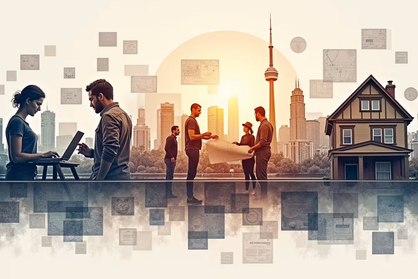 A detailed collage-like image encompassing the vibrant cityscape of Toronto as the base. The collage is made up of slightly faded, sepia-toned snapshots of various stages of a home renovation process, from blueprint planning to the final reveal. Each snapshot is overlaid with transparent, digital annotations, showcasing progress, challenges faced, and solutions found. The snapshots are arranged chronologically, creating a visual timeline that zigzags across the cityscape. On the left side of the image, a snapshot of a person, perhaps the homeowner, is seen posting the renovation progress on a laptop, symbolizing the online documentation process. In the middle of the image, there is a snapshot of a group of diverse people - symbolizing the online community - involved in a discussion over a blueprint, indicating the exchange of ideas and feedback. On the right side, a snapshot of a beautiful, fully renovated home is featured, signifying the end result of the renovation journey. Above the renovated home, a 'For Sale' sign is hung, with a small tag attached, displaying a significantly higher price than before, symbolizing the increased property value. Lastly, the entire collage is placed within the silhouette of a light bulb, indicating inspiration, learning, and new ideas. This image encapsulates the entire journey of online documentation of a renovation project in Toronto, from start to finish, with all its benefits highlighted