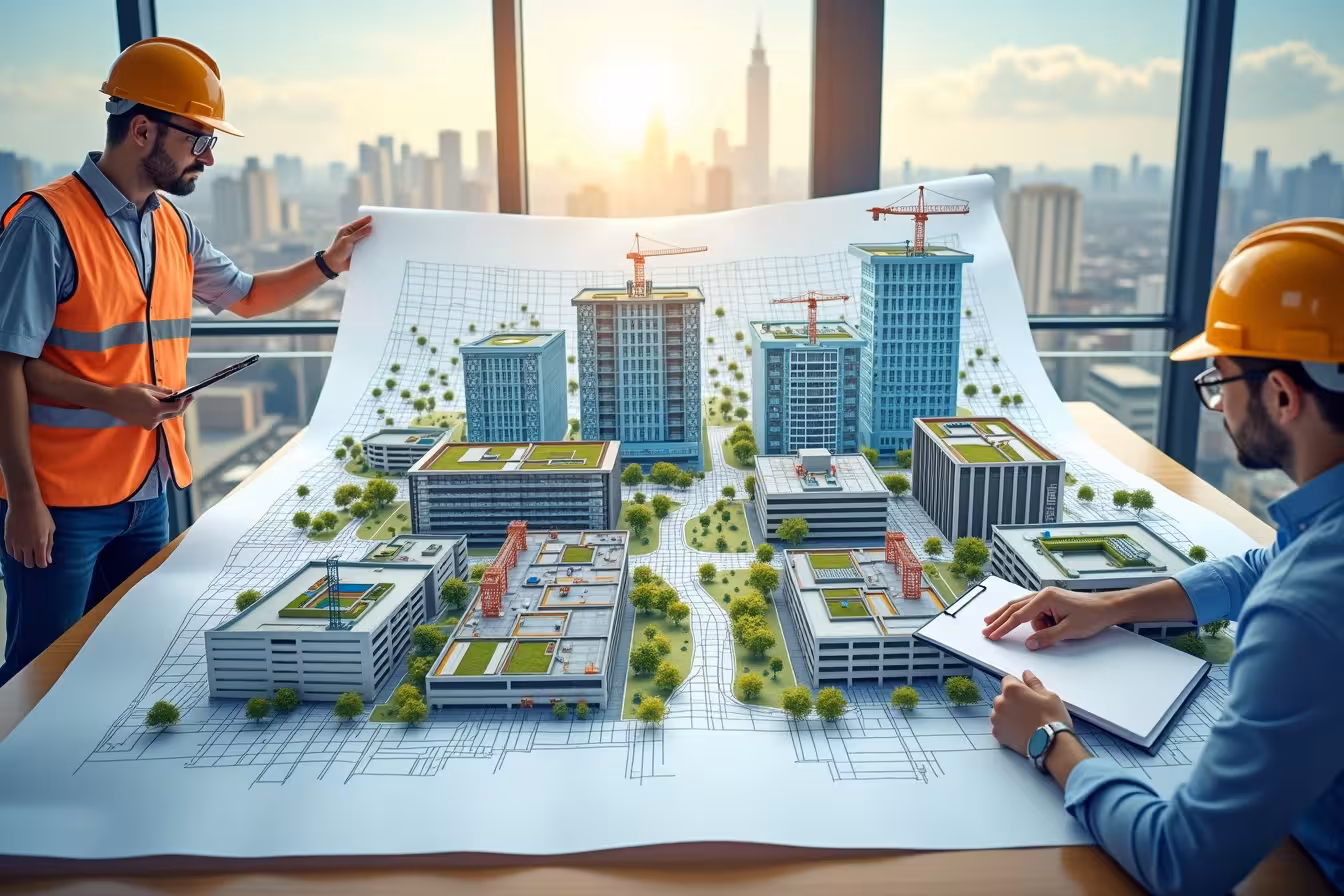 A large blueprint unfurled across a wooden architect's table. This blueprint should represent a cross-section of a diverse, urban neighborhood, showing various buildings in different stages of construction, all adhering to local building codes. The buildings should vary in type and size but should all be designed with safety, sustainability, and energy efficiency in mind. For instance, one could be a residential building with solar panels on the roof and a rainwater harvesting system. Another could be a commercial building with a green roof and large windows for natural light. There should be visible safety features like fire exits, earthquake-resistant structures, and clear demarcations for emergency routes. On one side of the image, depict an inspector with a hard hat, magnifying glass, and clipboard, scrutinizing the blueprint carefully to ensure it complies with the building codes. On the other side, show a construction worker, also in a hard hat, actively engaging in the construction process, emphasizing the practical application of these codes. In the background, subtly paint a city skyline, symbolizing urban planning and the impact of building codes on city development. The overall color tone should be cool and professional, but with bold, eye-catching highlights to draw attention to the specific elements of safety, sustainability, and code enforcement