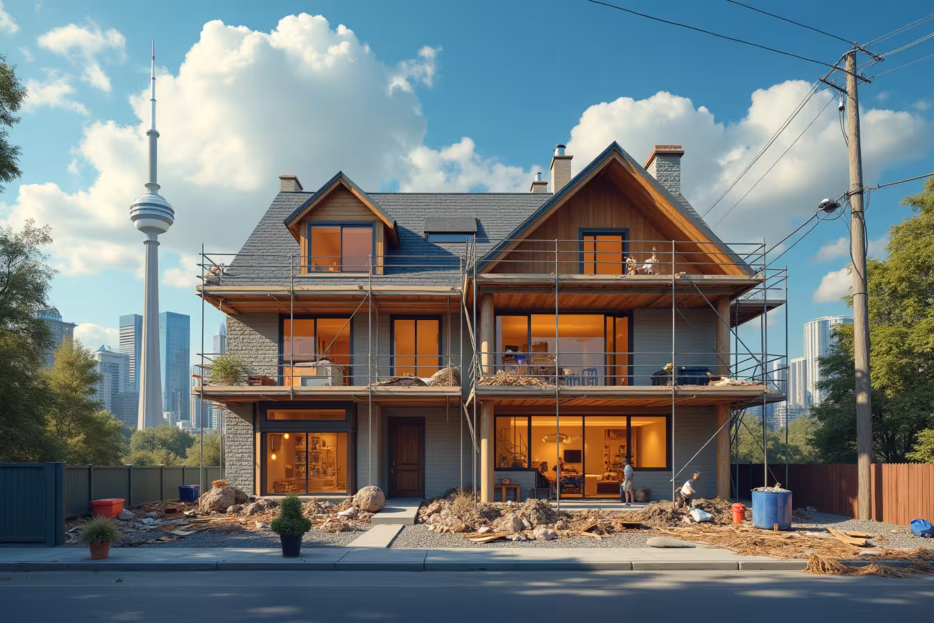 A visually exciting and somewhat surreal image of a house in the middle of a bustling construction site in downtown Toronto. The house is being renovated, with scaffolding around it, workers busy with their tasks and construction materials scattered around. The house is split down the middle, showing a cross-section. On one side, it's filled with common home renovation myths: it's overflowing with cheap materials, a DIY enthusiast making glaring mistakes, and there's a sense of chaos and unplanned work, all hinting at the common misconceptions about home renovations. On the other side of the house, it's being upgraded with high-quality materials, professionals at work, green technologies being incorporated, and well-planned renovations taking place that increase its value. This side of the house should radiate a glow, indicating its long-term value and benefits. Above the construction site, in the sky, the words 'Debunking Myths About Home Renovations' are written like clouds, catching the viewer's attention and enticing them to read more about the reality behind these myths