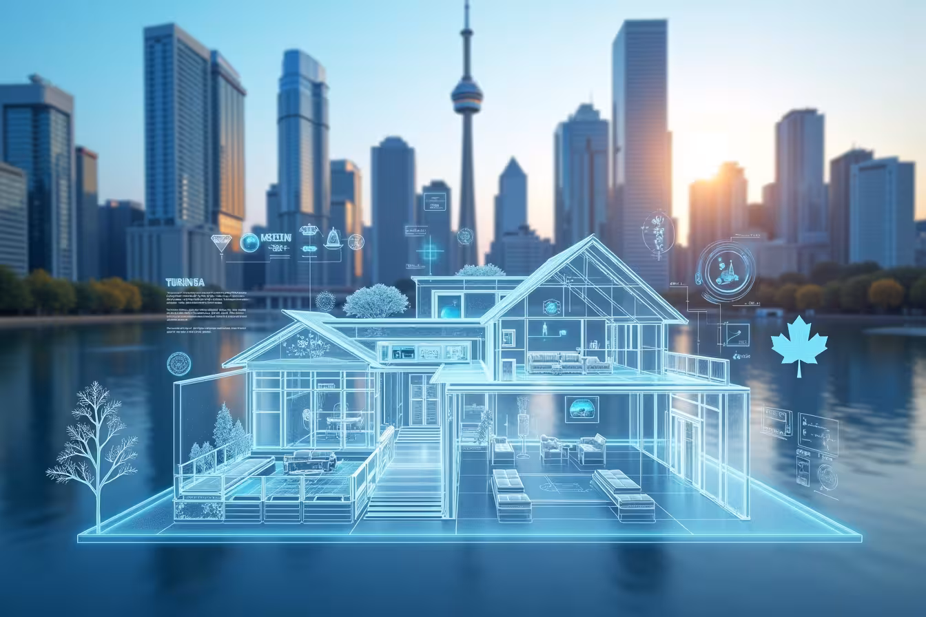 A bustling, dynamic skyline of Toronto with a mix of traditional and futuristic architecture. In the foreground, A partially transparent, holographic blueprint of a modern, eco-friendly home. The blueprint is detailed, showing various rooms, and it's obvious that the design is unique, complex, and innovative. In one part of the blueprint, a 3D printer is seen in action, meticulously crafting a complex component of the house. It's clear that the machine is working with absolute precision, creating something that would be challenging to construct manually. In another part of the blueprint, an AI interface is visible, full of data and predictions about the environmental impact of the home design. The AI interface should give a sense of intelligence and sophistication, showing charts and diagrams that indicate energy efficiency and sustainability. Lastly, subtly incorporate elements that signify Toronto, like the CN Tower or Maple leaf, into the image to convey the local application of these technologies. The overall atmosphere of the image should be exciting and futuristic, showing a world where AI and 3D printing technology are making home renovation more efficient, sustainable, and tailored to individual preferences. The image should be bright, with the holographic blueprint and AI interface emitting a gentle, inviting glow