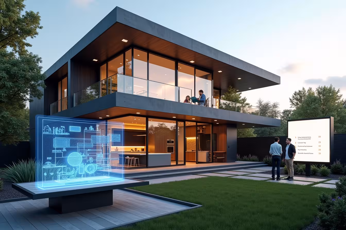 An ultra-modern, eye-catching residential home in Toronto, which has been recently renovated by SimpleHome. The house is a synergy of traditional and contemporary architecture, with a beautifully remodeled kitchen visible through a large glass window. The kitchen features top-of-the-line appliances, elegant countertops, and innovative design elements. The exterior of the house is adorned with eco-friendly materials, reflecting SimpleHome's commitment to sustainable practices. A digital hologram with a 3D blueprint of the home hovers above a tablet on a garden table, symbolizing the use of the latest technology in planning and executing the renovation. Beside the house, a large billboard stands, displaying a breakdown of renovation costs in a transparent and easy-to-understand format. A team of professional workers can be seen in the background, working diligently and interacting respectfully with a couple - the homeowners. The scene is set during the day, under a clear Toronto sky, with the city's skyline subtly visible in the background. The SimpleHome logo is tastefully integrated into the upper right corner of the image, symbolizing their local expertise and high recommendation rate. This image is an unusual, pattern-breaking visual representation of the key points in your blog post, highlighting the unique selling propositions of SimpleHome in the home renovation space in Toronto
