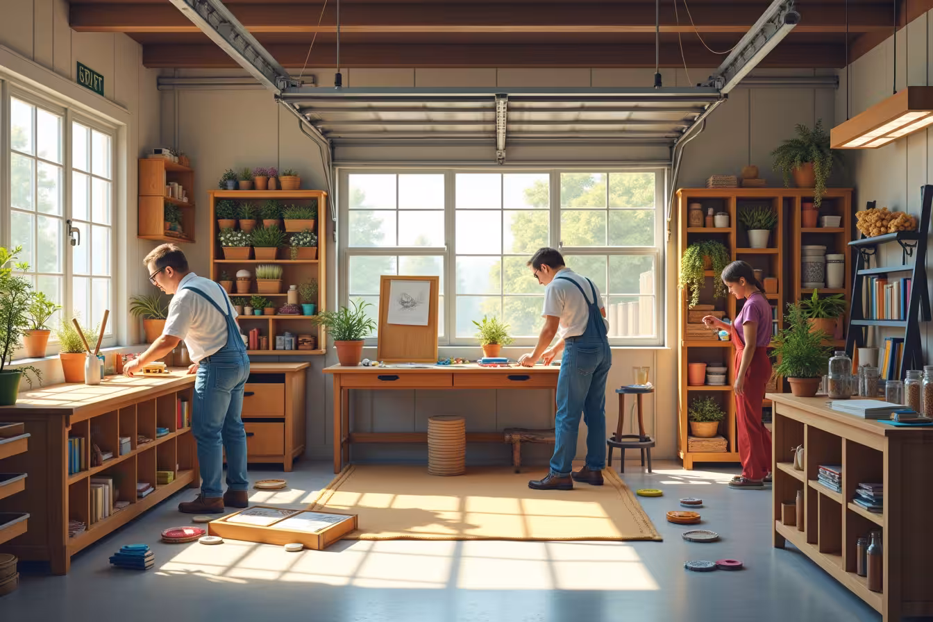 A lively scene where a variety of DIY projects are taking place in a bright, spacious garage. At the center, a person is delicately assembling a birdhouse using recycled materials, with sketches of various bird species scattered around. On their right, a vertical pallet garden filled with vibrant herbs and flowers leans against the wall. Nearby, a craftsman works on a personalized picture frame adorned with colorful fabric strips and recycled beads. On their left, a sleek wooden bookshelf stands tall, freshly painted and waiting to dry. Behind them, someone is carefully arranging stones to form a fire pit, with a small blueprint and safety tools on hand. On a sturdy work table, a collection of wooden, metal, and cardboard organizers are arrayed, each compartment filled with different office supplies. Adjacent to this, a rustic wooden coat rack stands against the wall, showcasing its unique design. In the foreground, a group of mason jar lanterns flicker softly, casting a warm glow on the DIY coasters - made of cork, tile, and fabric - that rest underneath. Finally, a shoe rack made from polished wood sits at the corner, featuring compartments of various sizes to accommodate different types of shoes. Each project is in various stages of completion, embodying the spirit of DIY creativity