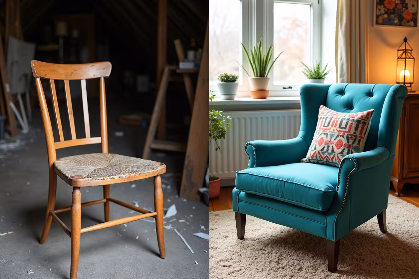A split image with a raw, rustic and dusty old wooden chair on the left side and the same chair, but transformed, on the right side. The chair on the left is covered in dust, with scratches and worn-out paint hinting at its age. It sits in a dimly lit, cluttered attic, surrounded by other neglected pieces of furniture, cobwebs, and discarded items. The chair on the right, however, stands proudly in a well-lit, stylishly designed living room. It has been repainted in a vibrant teal color, with a fresh satin finish that makes it shine. The chair now features a tastefully chosen, modern geometric print cushion, adding a pop of pattern and color. A clear sealant glosses over the chair, reflecting the room's warm lights, highlighting its transformation. The split image should be a stark contrast of 'before and after', enticing curiosity and revealing the magic of upcycling old furniture