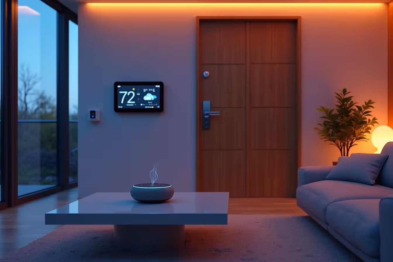 A futuristic, sleek and modern living room setting during the evening hours. The room is softly illuminated with ambient, color-changing lights from an intelligent lighting system, casting a warm, inviting glow. A detailed smart thermostat is mounted on one wall, displaying a temperature adjusted for evening comfort. It's subtly reflecting the outside weather which is visible through a large window. On a coffee table in the center of the room, a voice-activated smart speaker is prominent, with soft light pulsating from it, indicating an ongoing voice command. The speaker is set on a minimalist, glossy table, surrounded by a cozy seating area. Near the entrance, a smart door lock is visible on a stylish wooden door, with a subtle glow indicating it's unlocked state due to the detected smartphone nearby. In one corner, a home security camera is perched subtly, capturing the entire room in its field of view. It has a small light on, indicating active motion detection. The overall atmosphere of the image is welcoming and intriguing, giving the viewer a glimpse into a high-tech, smart, and comfortable home. The style is a mix of futuristic and cozy, creating a pleasing pattern break