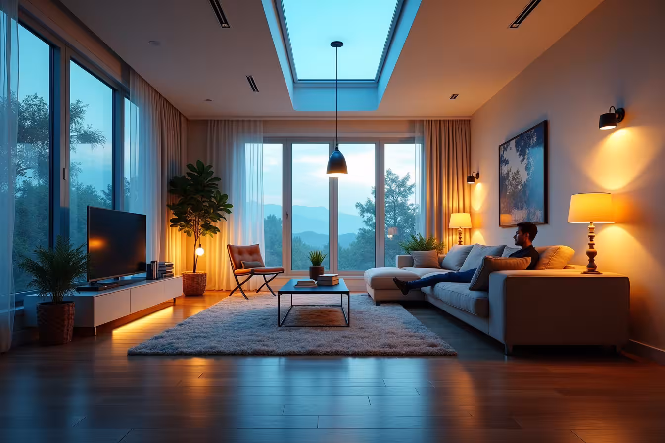 A surreal and enticing scene of a beautifully designed modern living room. The space is filled with a variety of strategically placed, stylish lighting fixtures including pendant lights over a sleek coffee table, a chandelier casting soft shadows from the high ceiling, and a set of unique sconces on the walls. The room features large, floor-to-ceiling windows on one side, allowing streams of natural light to cascade in, illuminating the space and creating fascinating patterns on the hardwood floor. A skylight in the center of the ceiling reveals a clear blue sky, adding an extra source of natural light to the room. In one corner of the room, there's a cozy reading nook with a dedicated, adjustable task light. In the background, a smart lighting system subtly changes the color temperature of the room, transitioning from a stimulating cool light to a relaxing warm light. On one wall, there is a beautiful mural or artwork highlighted by a dedicated accent light. The room also features energy-efficient LED bulbs that glow with a soft, warm light, emphasizing the room's eco-friendly design. To add a touch of magic, the lights in the room are seemingly alive, subtly changing their brightness and position, manipulating the perceived size and layout of the room. To suggest the impact of lighting on health and well-being, include a person in the scene, comfortably lounging in the well-lit room, appearing content, peaceful, and relaxed, embodying the overall wellness ambiance of the space