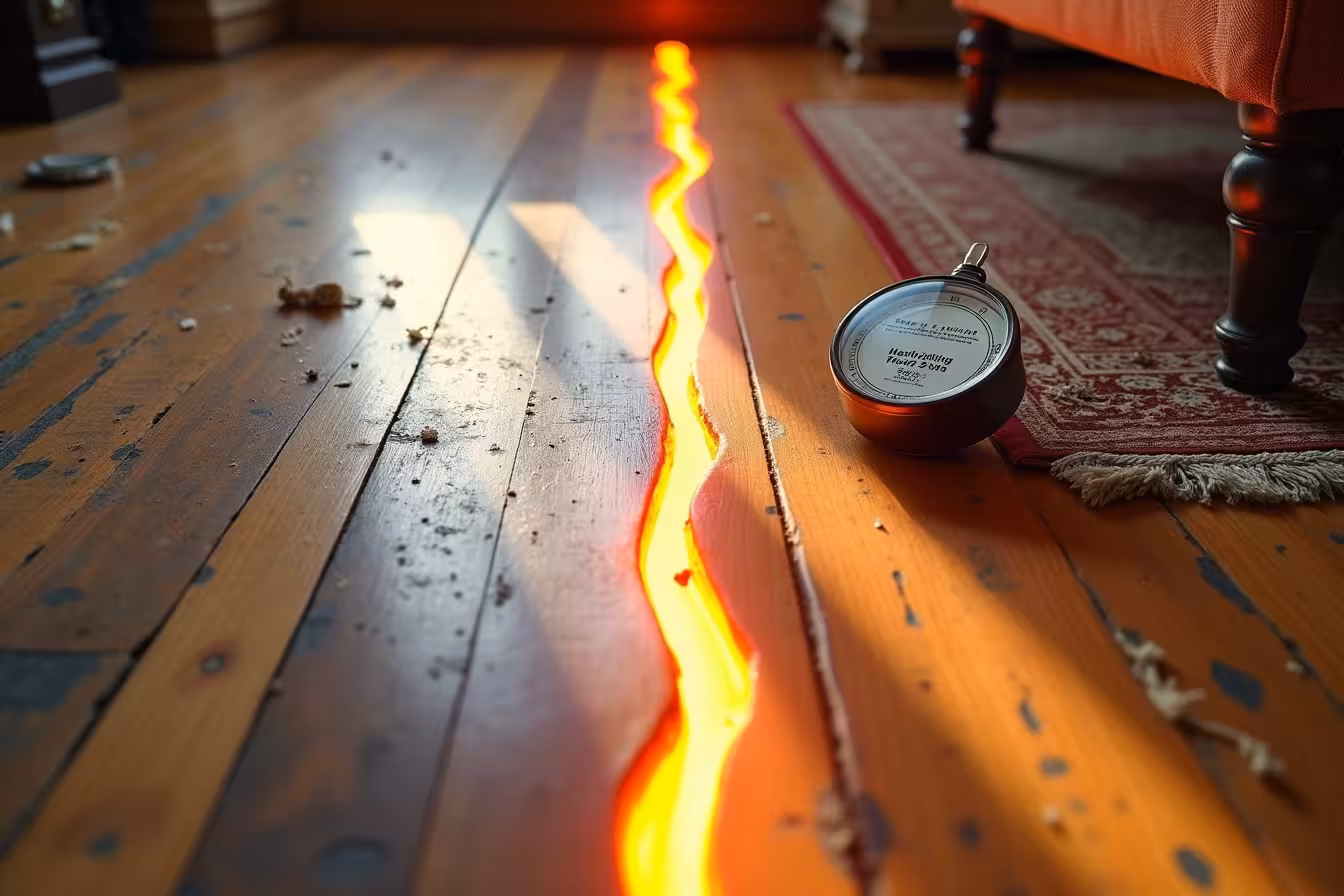 An image that juxtaposes the old and the new, capturing the essence of hardwood floor restoration. The left side of the image is dominated by a worn-out, scratched, and faded hardwood floor, showing signs of neglect like spills, dust, scratches, and fading color due to sunlight exposure. Small details, such as a fallen glass of water and a dusty broom, further emphasize the area's disarray. On the right side, imagine the same floor restored to its original glory. It gleams with a polished finish, reflecting soft, warm light. This side is clean and free of debris, with protective pads under the legs of a vintage chair and a stylish area rug placed strategically in a high-traffic spot. A bottle of pH-neutral cleaning solution and a soft-bristle broom rest nearby, indicating the proper care products for hardwood floors. A bright, visible line or crack separates the two halves, symbolizing the transformation from the old to the refurbished condition. Finally, in the top right corner, a small, semi-transparent humidity meter reading between 30% and 50% drives home the point about maintaining proper humidity levels for hardwood floors. The image should be done in vivid, attention-grabbing colors to make the contrast even more stark and draw the viewer's attention. This image will serve as an exciting, enticing, and effective pattern-break for readers, drawing them into the article